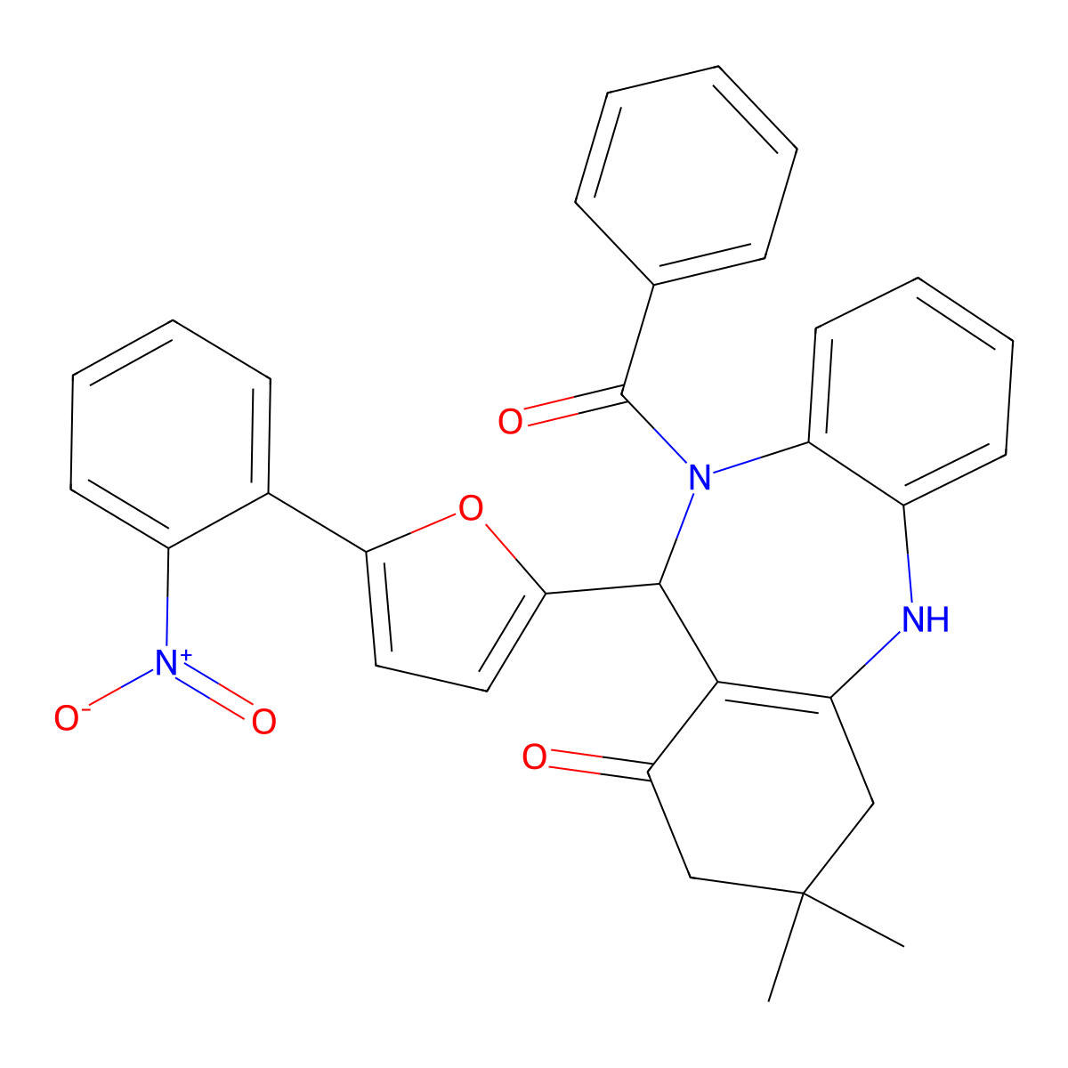5-Benzoyl-9,9-dimethyl-6-[5-(2-nitrophenyl)furan-2-yl]-6,8,10,11-tetrahydrobenzo[b][1,4]benzodiazepin-7-one molecular structure, CAS 354537-17-0