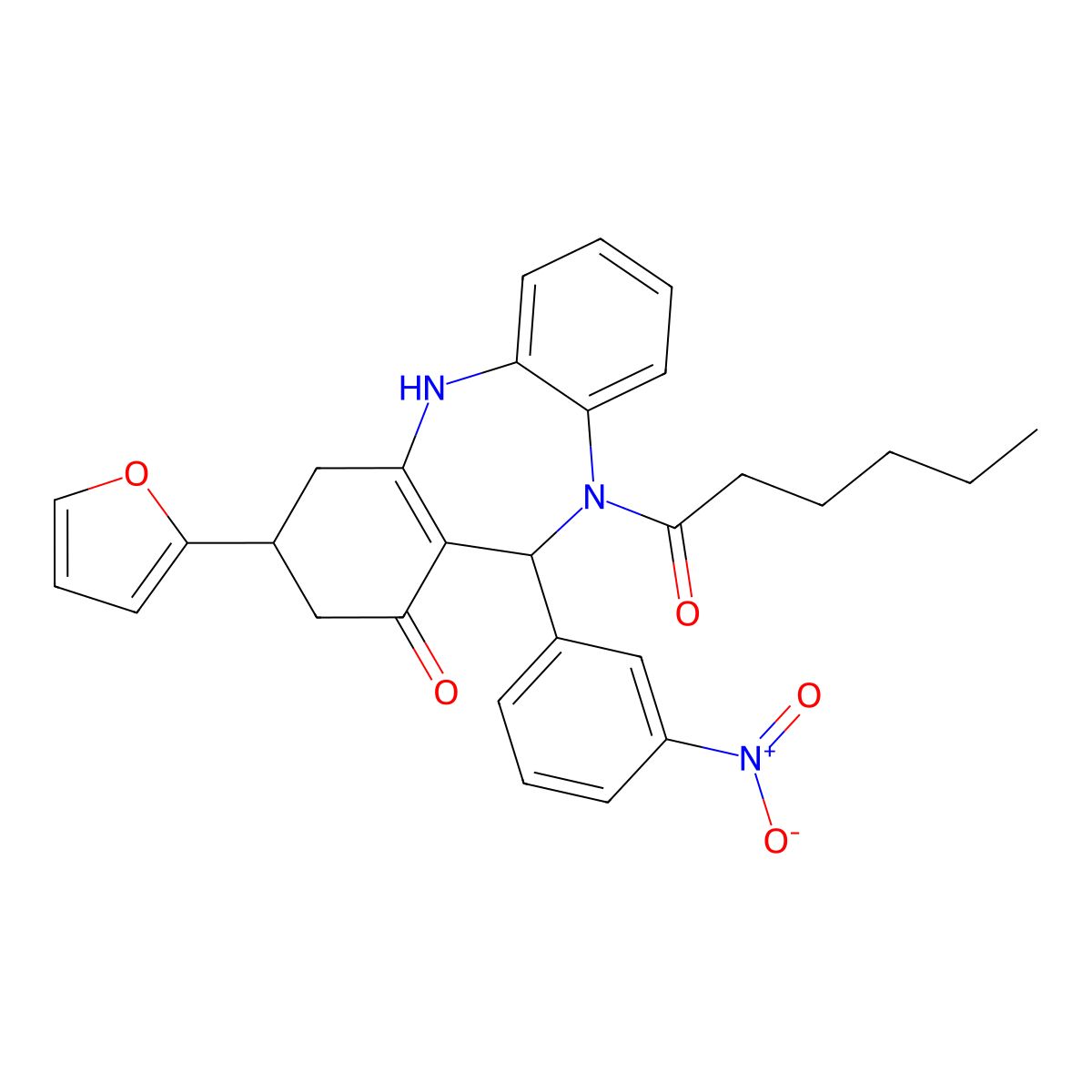 9-(furan-2-yl)-5-hexanoyl-6-(3-nitrophenyl)-8,9,10,11-tetrahydro-6H-benzo[b][1,4]benzodiazepin-7-one molecular structure, CAS 354537-34-1