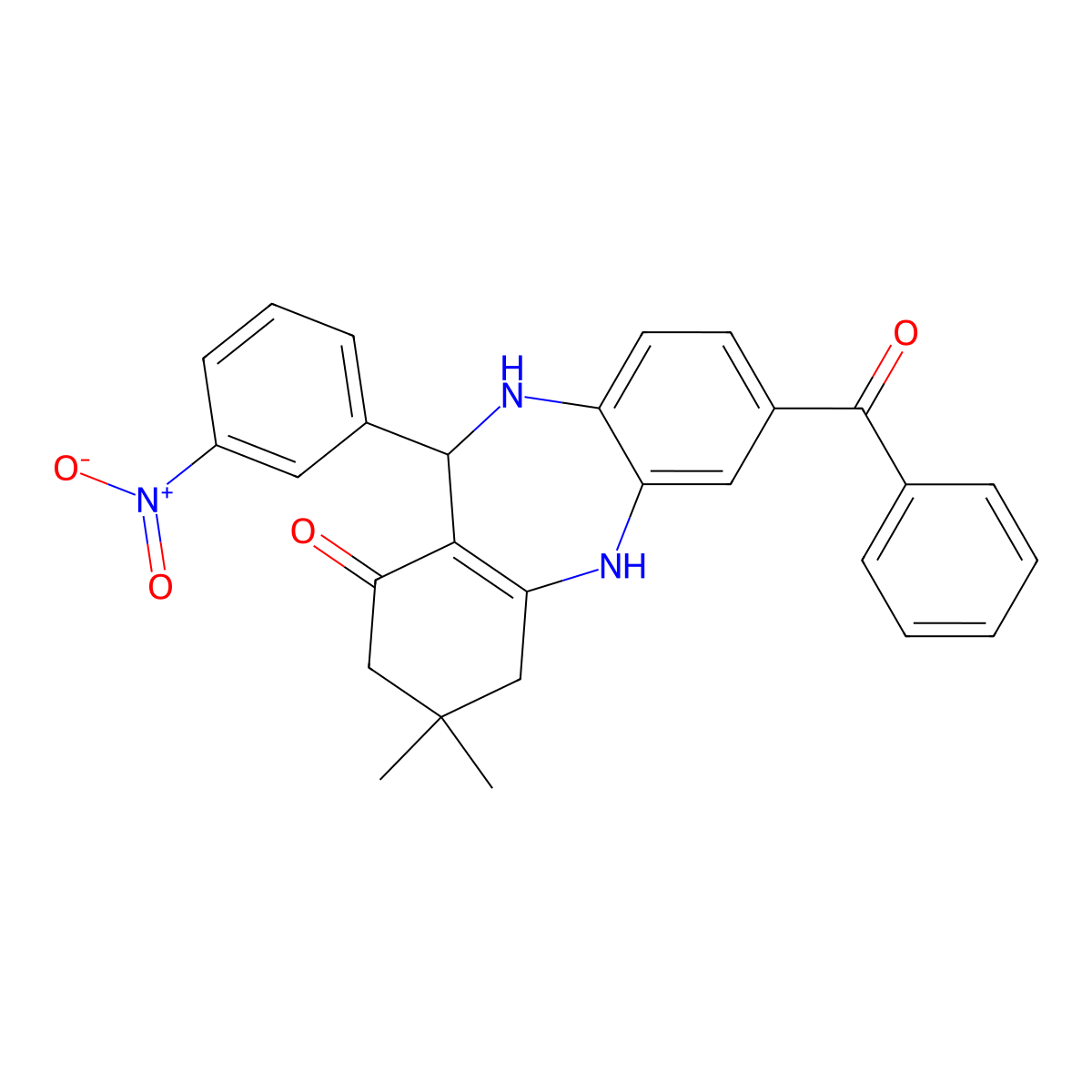 2-benzoyl-9,9-dimethyl-6-(3-nitrophenyl)-6,8,10,11-tetrahydro-5H-benzo[b][1,4]benzodiazepin-7-one molecular structure, CAS 354537-35-2