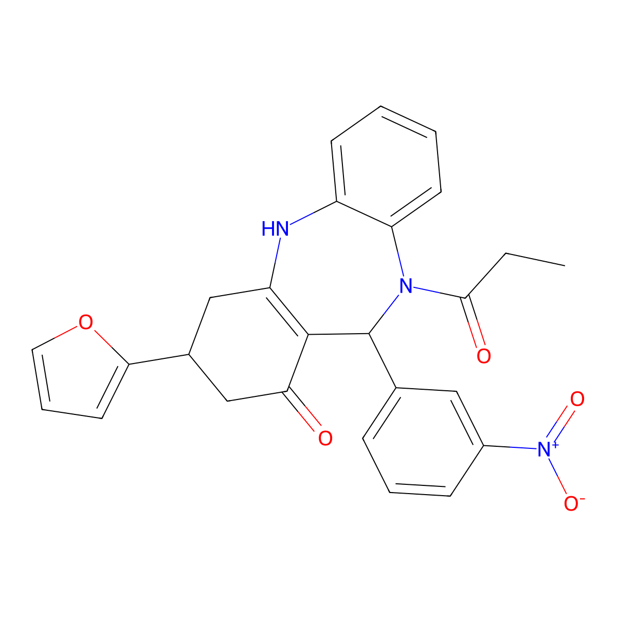 9-(furan-2-yl)-6-(3-nitrophenyl)-5-propanoyl-8,9,10,11-tetrahydro-6H-benzo[b][1,4]benzodiazepin-7-one molecular structure, CAS 354537-37-4