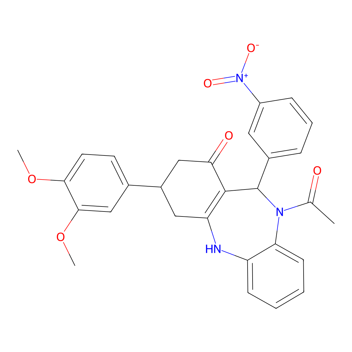 5-acetyl-9-(3,4-dimethoxyphenyl)-6-(3-nitrophenyl)-8,9,10,11-tetrahydro-6H-benzo[b][1,4]benzodiazepin-7-one molecular structure, CAS 354537-39-6