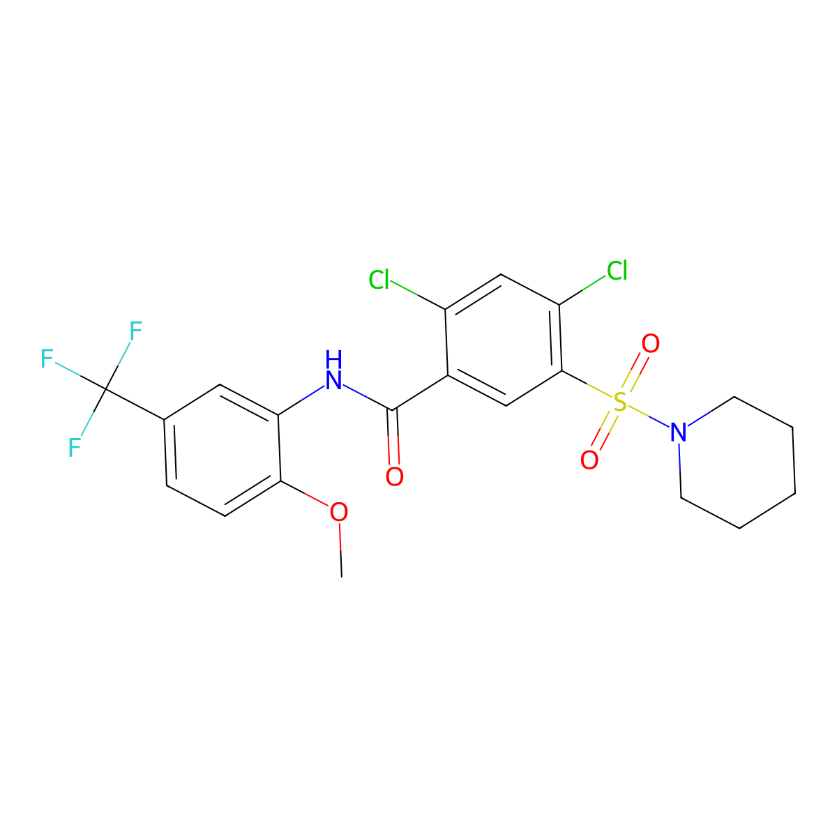 2,4-dichloro-N-[2-methoxy-5-(trifluoromethyl)phenyl]-5-piperidin-1-ylsulfonylbenzamide molecular structure, CAS 354537-63-6
