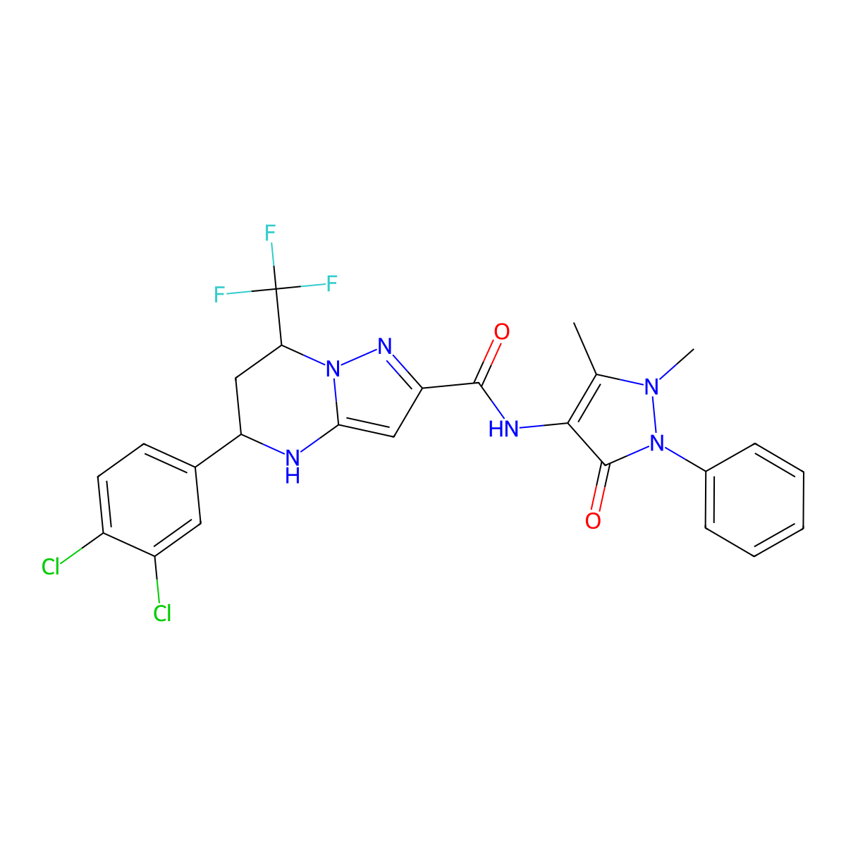 5-(3,4-dichlorophenyl)-N-(1,5-dimethyl-3-oxo-2-phenyl-2,3-dihydro-1H-pyrazol-4-yl)-7-(trifluoromethyl)-4,5,6,7-tetrahydropyrazolo[1,5-a]pyrimidine-2-carboxamide molecular structure, CAS 354537-75-0