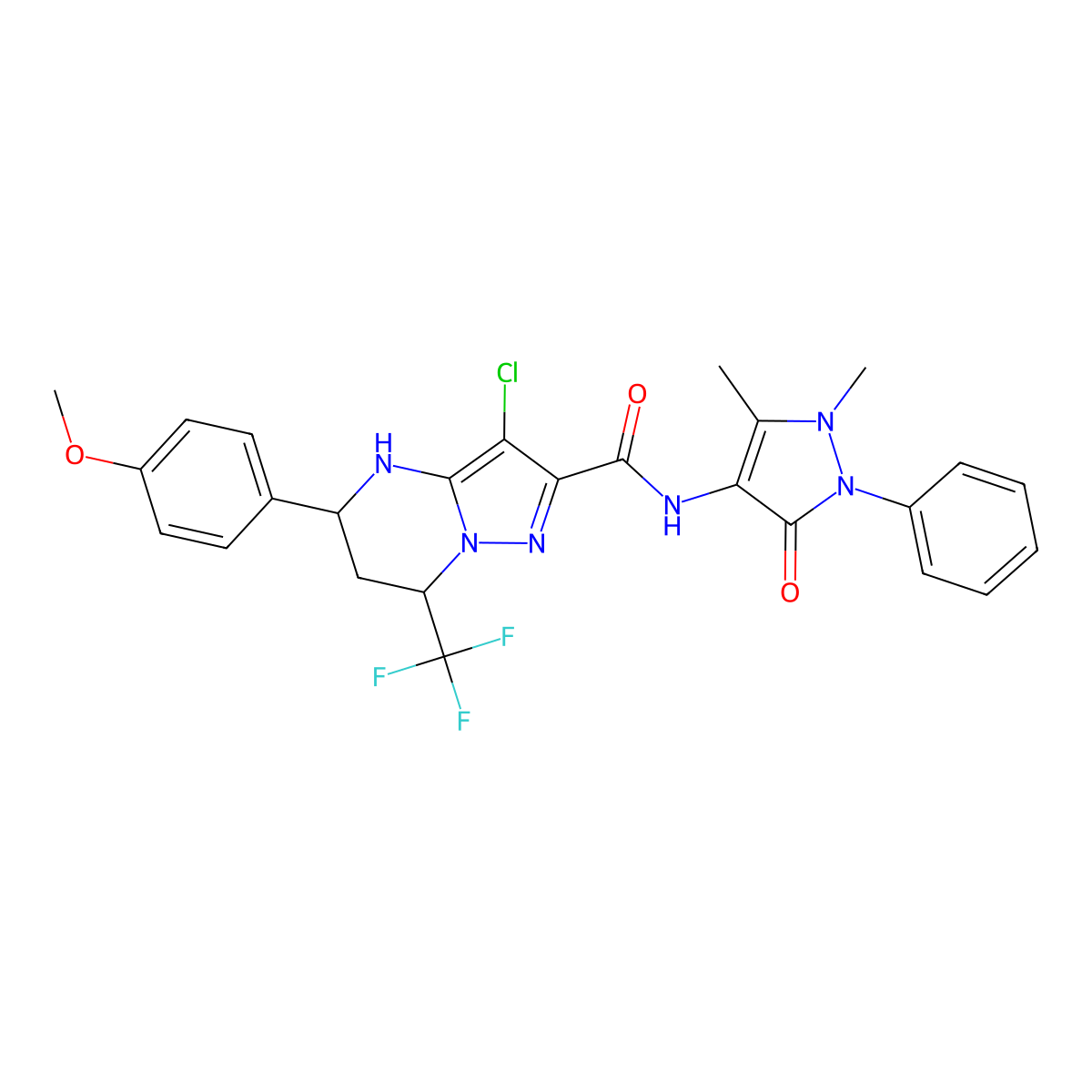3-chloro-N-(1,5-dimethyl-3-oxo-2-phenyl-2,3-dihydro-1H-pyrazol-4-yl)-5-(4-methoxyphenyl)-7-(trifluoromethyl)-4,5,6,7-tetrahydropyrazolo[1,5-a]pyrimidine-2-carboxamide molecular structure, CAS 354537-81-8