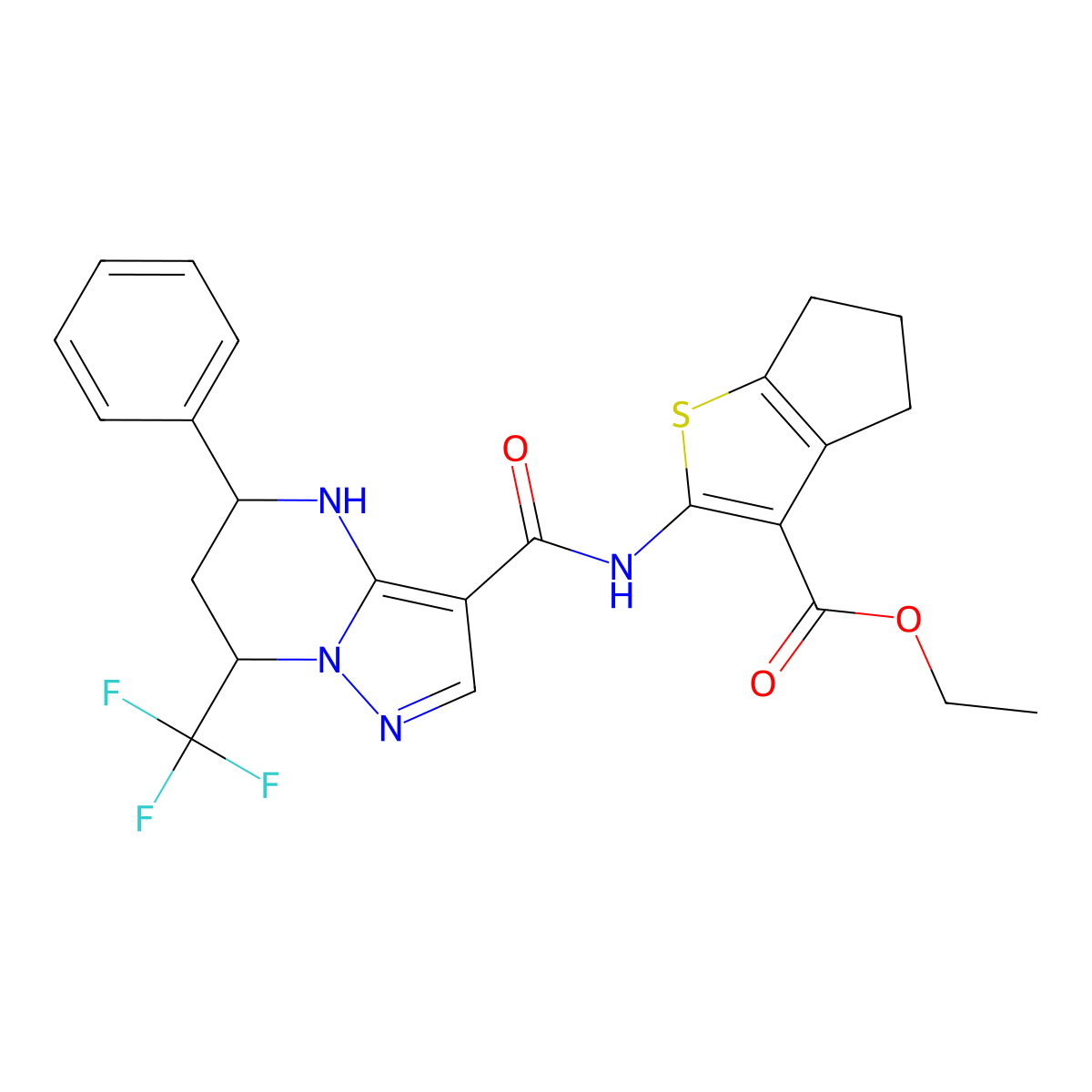 ethyl 2-({[5-phenyl-7-(trifluoromethyl)-4,5,6,7-tetrahydropyrazolo[1,5-a]pyrimidin-3-yl]carbonyl}amino)-5,6-dihydro-4H-cyclopenta[b]thiophene-3-carboxylate molecular structure, CAS 354537-87-4