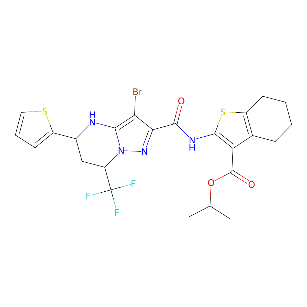 Isopropyl 2-({[3-bromo-5-(2-thienyl)-7-(trifluoromethyl)-4,5,6,7-tetrahydropyrazolo[1,5-a]pyrimidin-2-yl]carbonyl}amino)-4,5,6,7-tetrahydro-1-benzothiophene-3-carboxylate molecular structure, CAS 354537-90-9