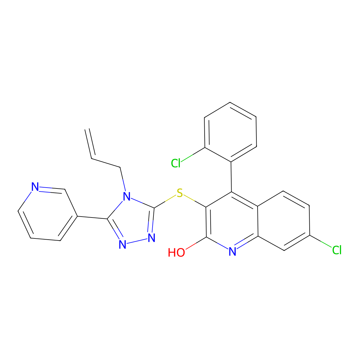7-chloro-4-(2-chlorophenyl)-3-[(4-prop-2-enyl-5-pyridin-3-yl-1,2,4-triazol-3-yl)sulfanyl]-1H-quinolin-2-one molecular structure, CAS 354538-28-6