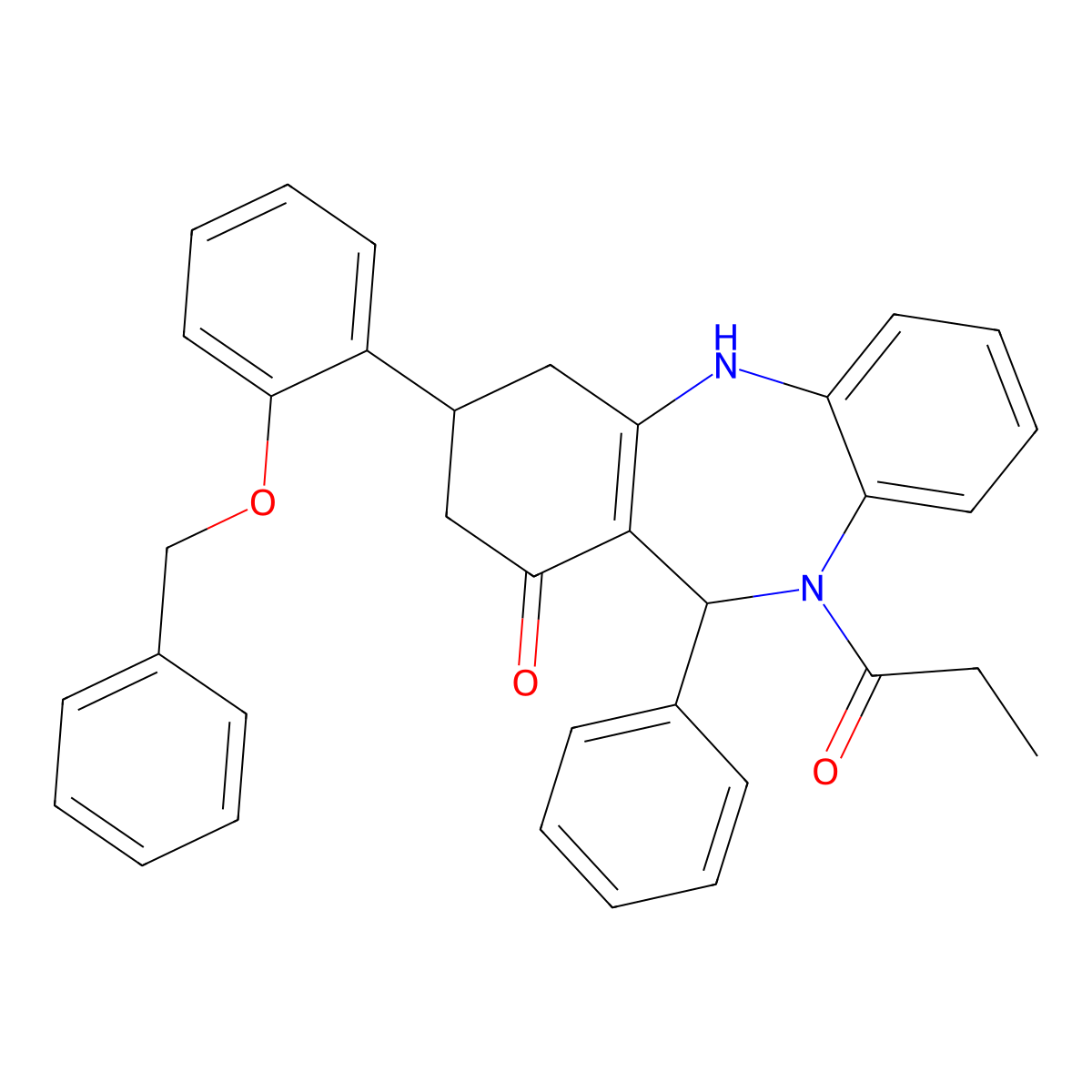 6-phenyl-9-(2-phenylmethoxyphenyl)-5-propanoyl-8,9,10,11-tetrahydro-6H-benzo[b][1,4]benzodiazepin-7-one molecular structure, CAS 354538-29-7