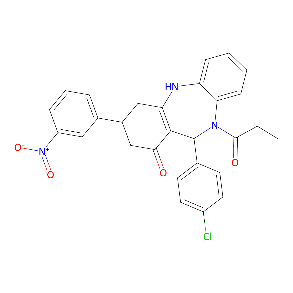 11-(4-Chlorophenyl)-2,3,4,5,10,11-hexahydro-3-(3-nitrophenyl)-10-(1-oxopropyl)-1H-dibenzo[b,e][1,4]diazepin-1-one molecular structure, CAS 354538-73-1