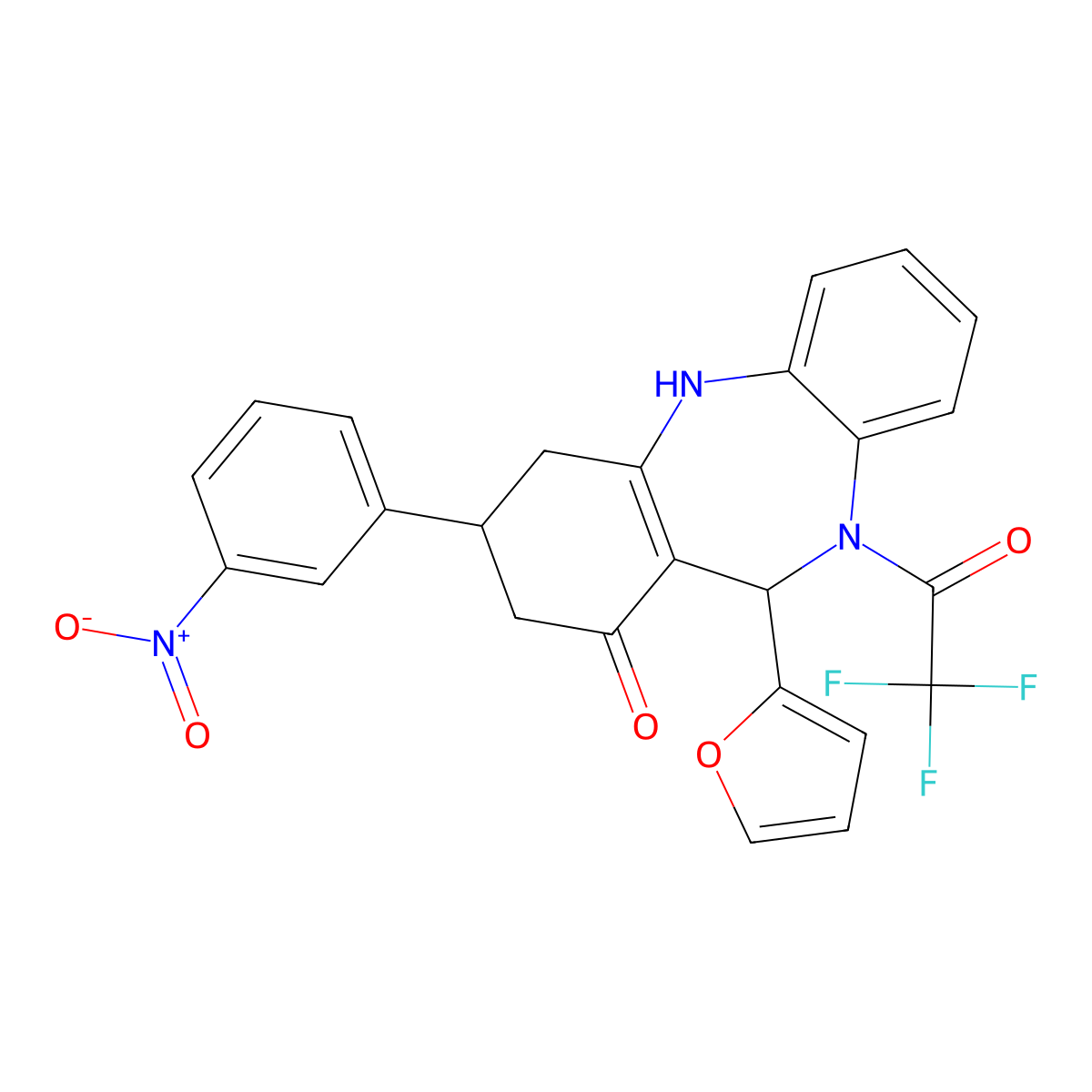 6-(furan-2-yl)-9-(3-nitrophenyl)-5-(2,2,2-trifluoroacetyl)-8,9,10,11-tetrahydro-6H-benzo[b][1,4]benzodiazepin-7-one molecular structure, CAS 354538-84-4