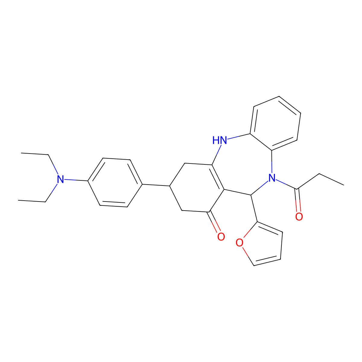 9-[4-(diethylamino)phenyl]-6-(furan-2-yl)-5-propanoyl-8,9,10,11-tetrahydro-6H-benzo[b][1,4]benzodiazepin-7-one molecular structure, CAS 354538-89-9