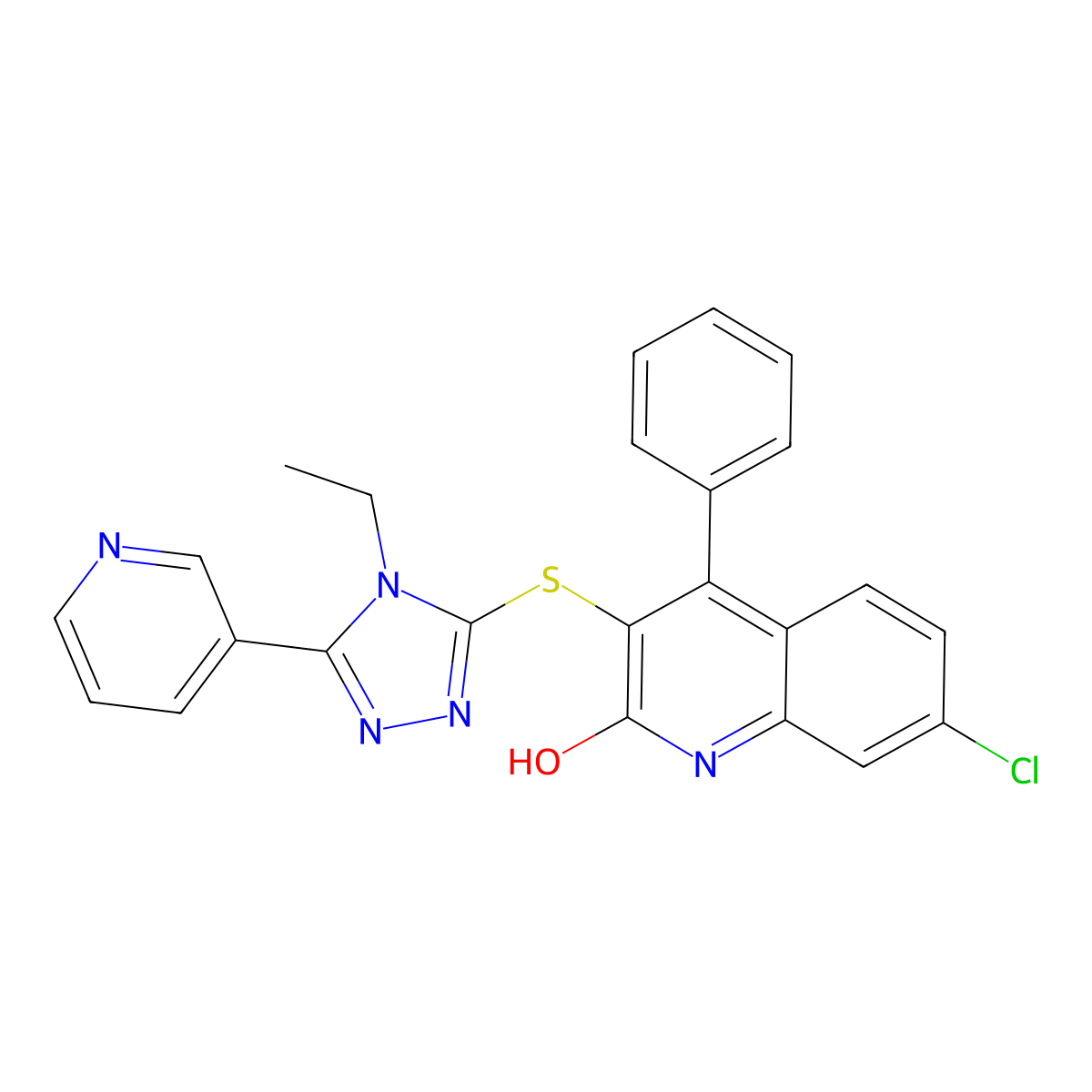 7-chloro-3-[(4-ethyl-5-pyridin-3-yl-1,2,4-triazol-3-yl)sulfanyl]-4-phenyl-1H-quinolin-2-one molecular structure, CAS 354538-90-2