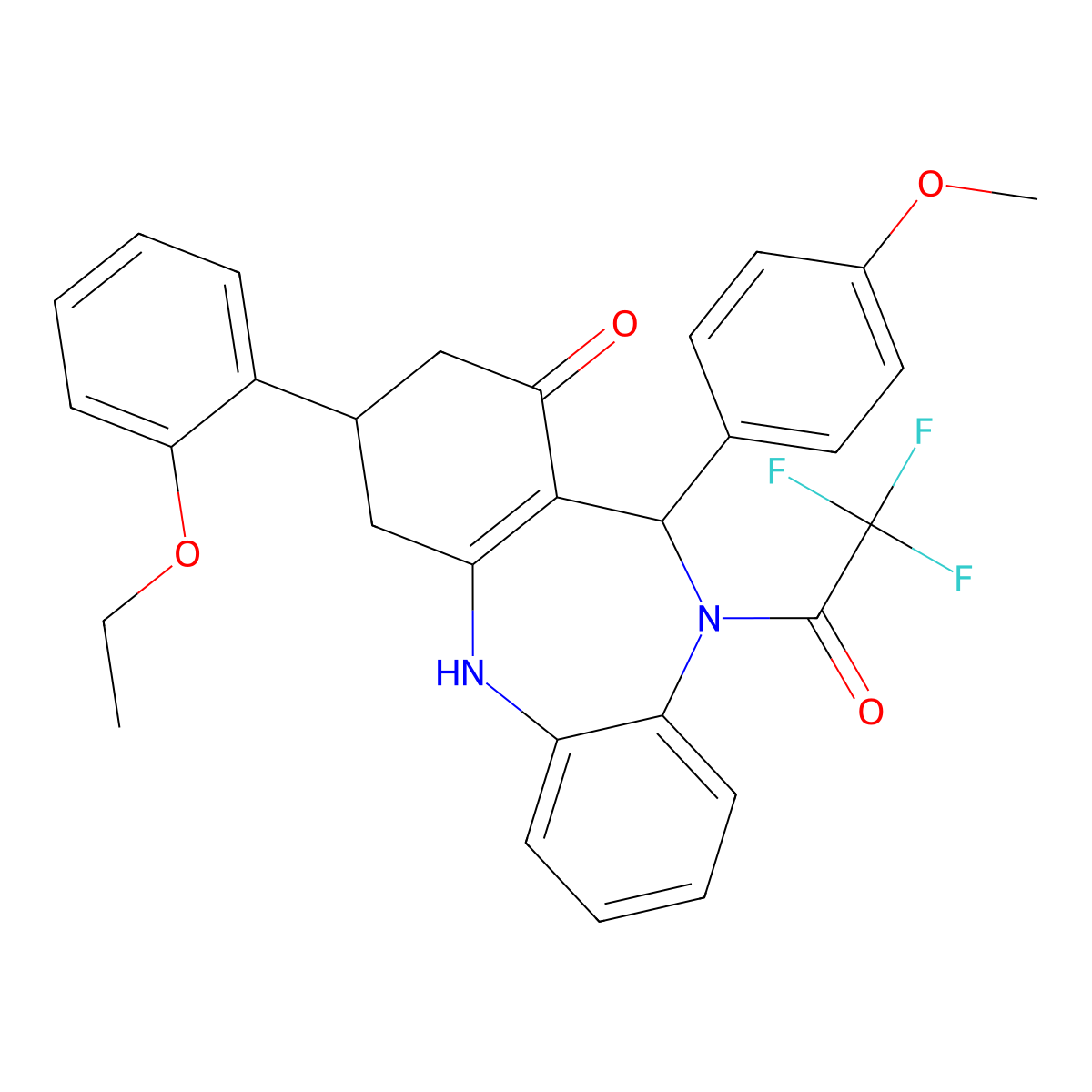 9-(2-ethoxyphenyl)-6-(4-methoxyphenyl)-5-(2,2,2-trifluoroacetyl)-8,9,10,11-tetrahydro-6H-benzo[b][1,4]benzodiazepin-7-one molecular structure, CAS 354538-93-5