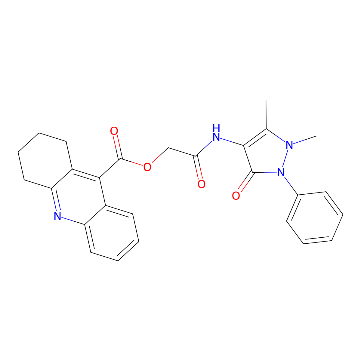1,2,3,4-Tetrahydro-acridine-9-carboxylic acid (1,5-dimethyl-3-oxo-2-phenyl-2,3-dihydro-1H-pyrazol-4-ylcarbamoyl)-methyl ester molecular structure, CAS 354539-36-9