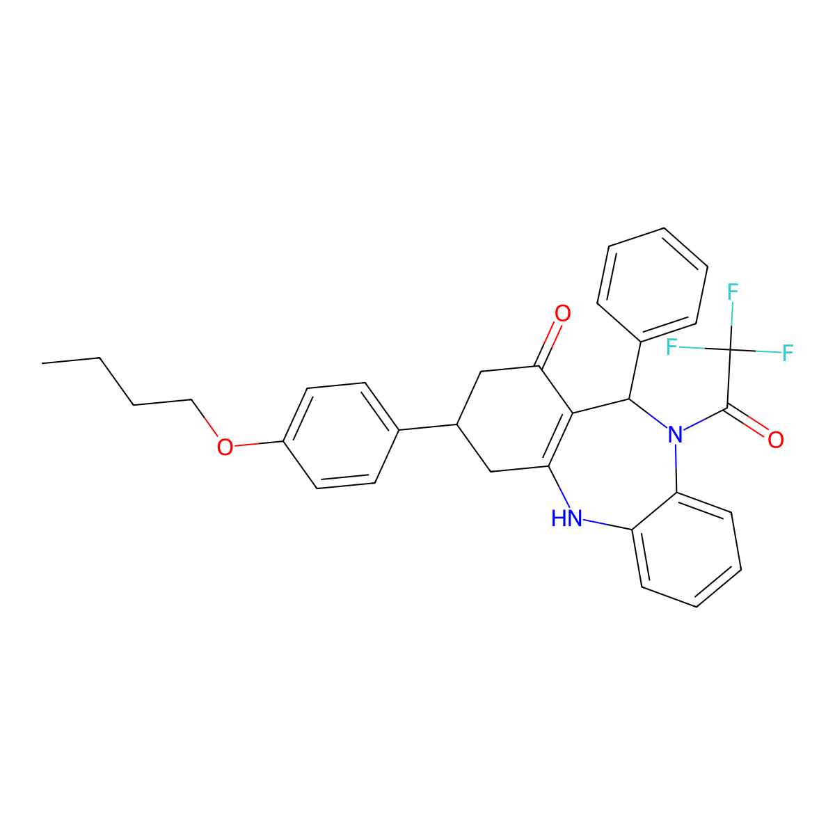 9-(4-butoxyphenyl)-6-phenyl-5-(2,2,2-trifluoroacetyl)-8,9,10,11-tetrahydro-6H-benzo[b][1,4]benzodiazepin-7-one molecular structure, CAS 354539-43-8
