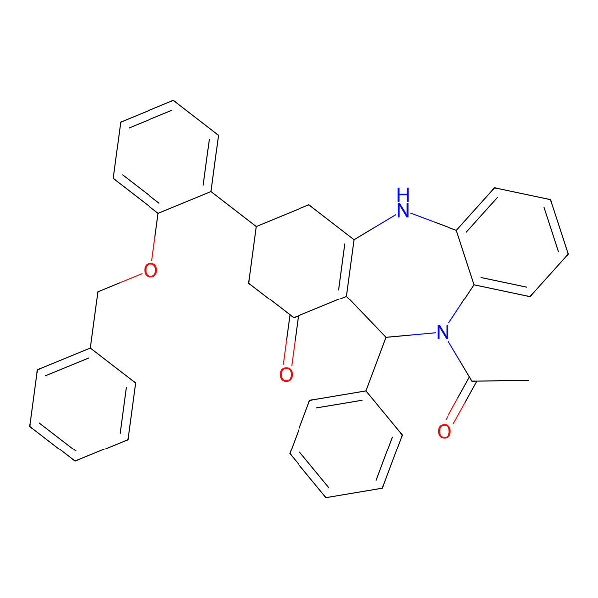 5-acetyl-6-phenyl-9-(2-phenylmethoxyphenyl)-8,9,10,11-tetrahydro-6H-benzo[b][1,4]benzodiazepin-7-one molecular structure, CAS 354539-44-9