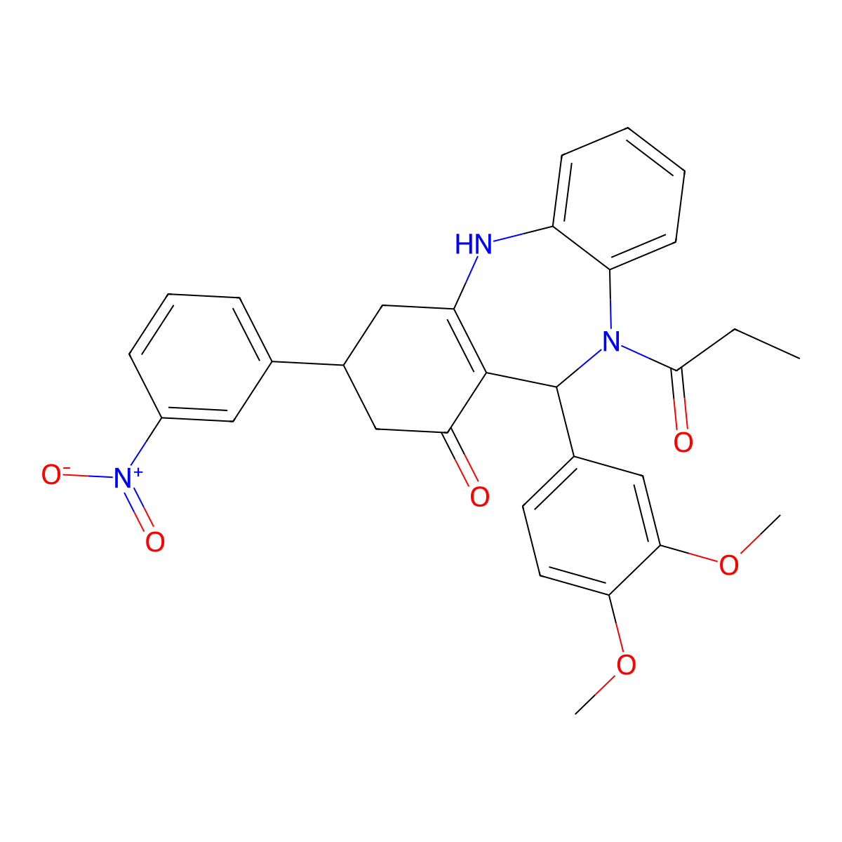 6-(3,4-dimethoxyphenyl)-9-(3-nitrophenyl)-5-propanoyl-8,9,10,11-tetrahydro-6H-benzo[b][1,4]benzodiazepin-7-one molecular structure, CAS 354539-50-7