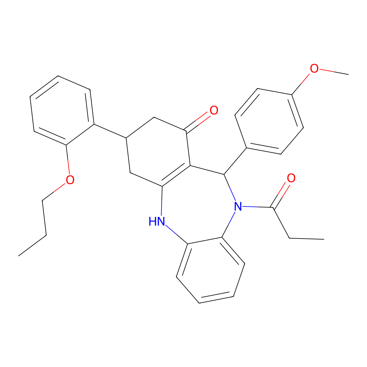 6-(4-methoxyphenyl)-5-propanoyl-9-(2-propoxyphenyl)-8,9,10,11-tetrahydro-6H-benzo[b][1,4]benzodiazepin-7-one molecular structure, CAS 354539-51-8