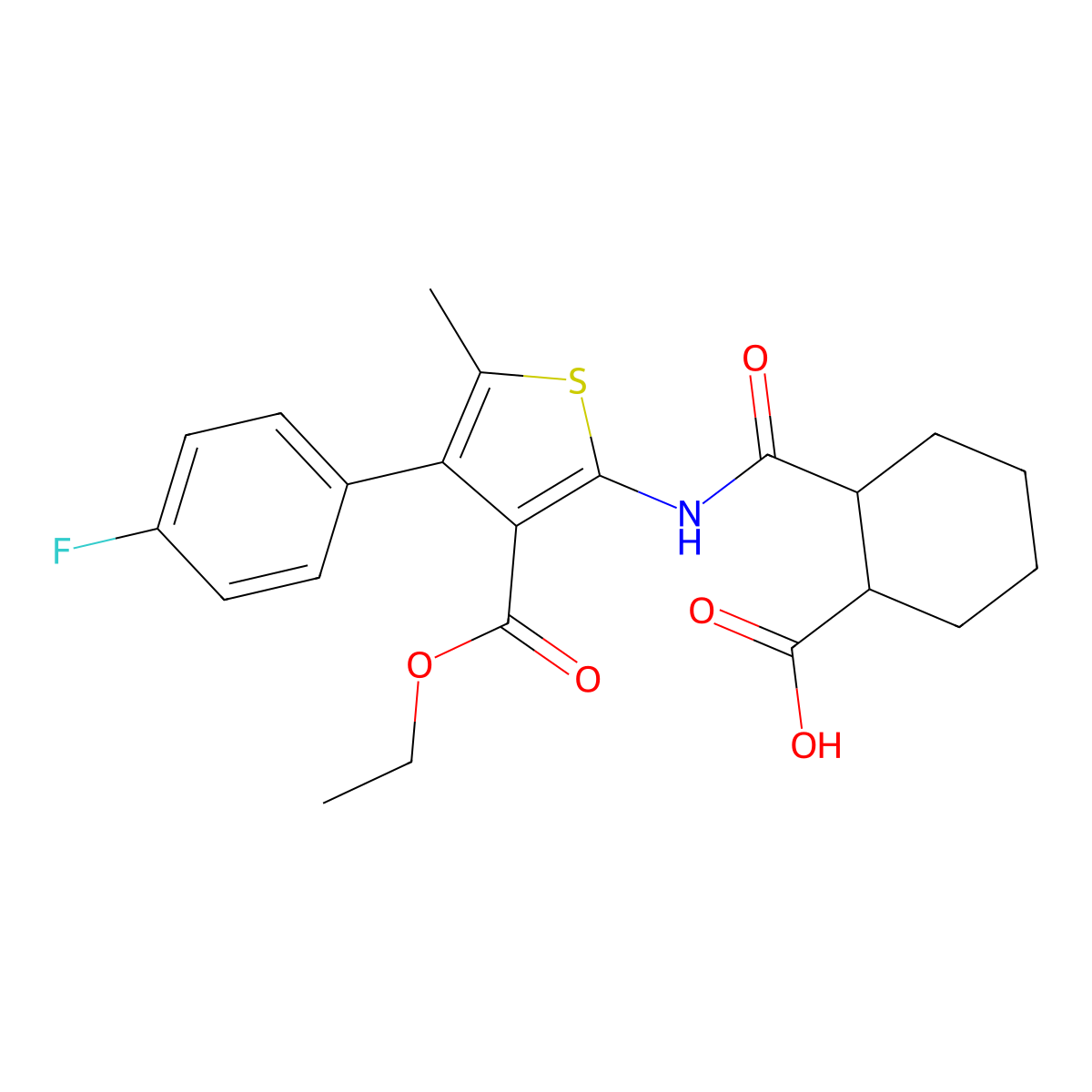 2-({[3-(Ethoxycarbonyl)-4-(4-fluorophenyl)-5-methyl-2-thienyl]amino}carbonyl)cyclohexanecarboxylic acid molecular structure, CAS 354539-59-6