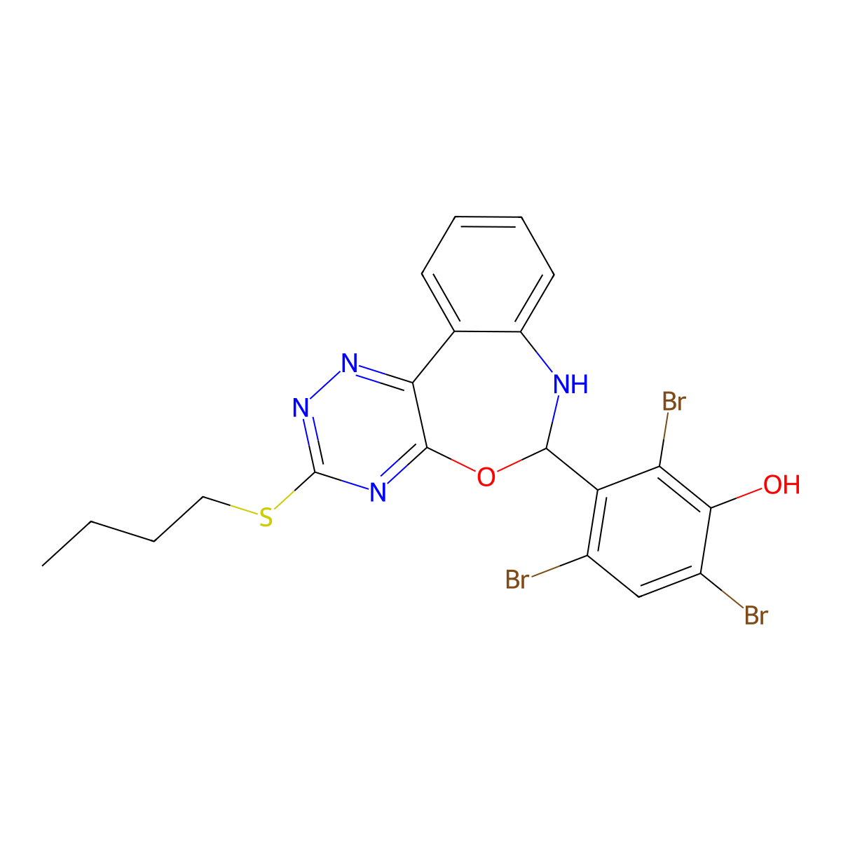 2,4,6-Tribromo-3-(3-butylsulfanyl-6,7-dihydro-[1,2,4]triazino[5,6-d][3,1]benzoxazepin-6-yl)phenol molecular structure, CAS 354540-24-2