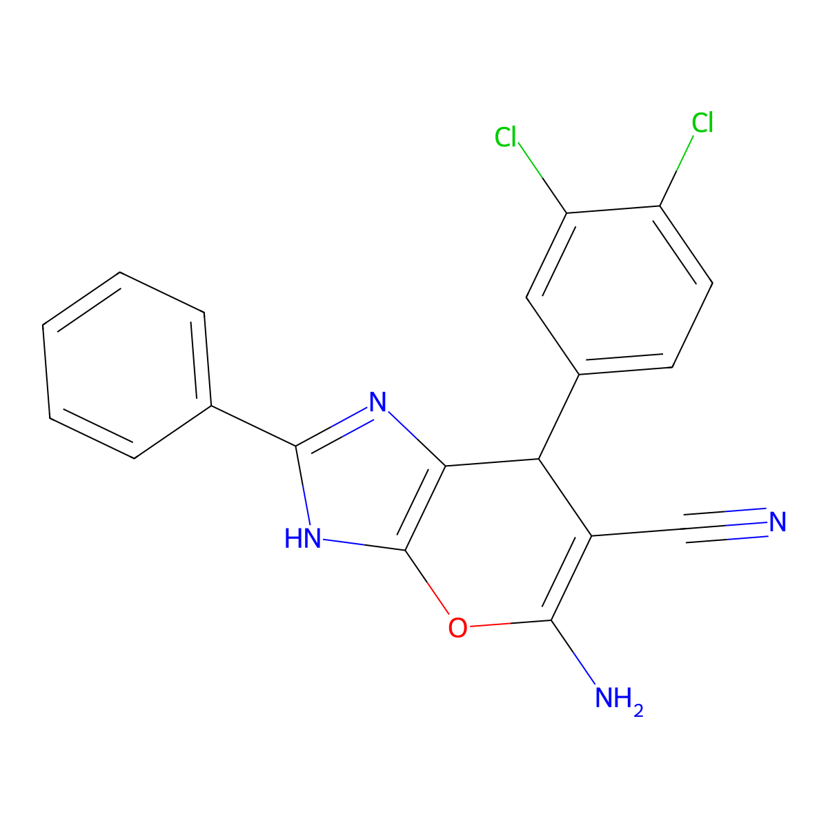 5-Amino-7-(3,4-dichlorophenyl)-2-phenyl-1,7-dihydropyrano[2,3-d]imidazole-6-carbonitrile molecular structure, CAS 354542-77-1
