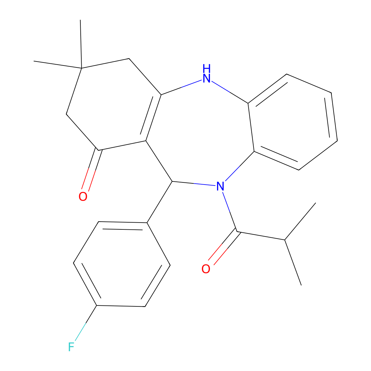 6-(4-Fluorophenyl)-9,9-dimethyl-5-(2-methylpropanoyl)-6,8,10,11-tetrahydrobenzo[b][1,4]benzodiazepin-7-one molecular structure, CAS 354542-86-2