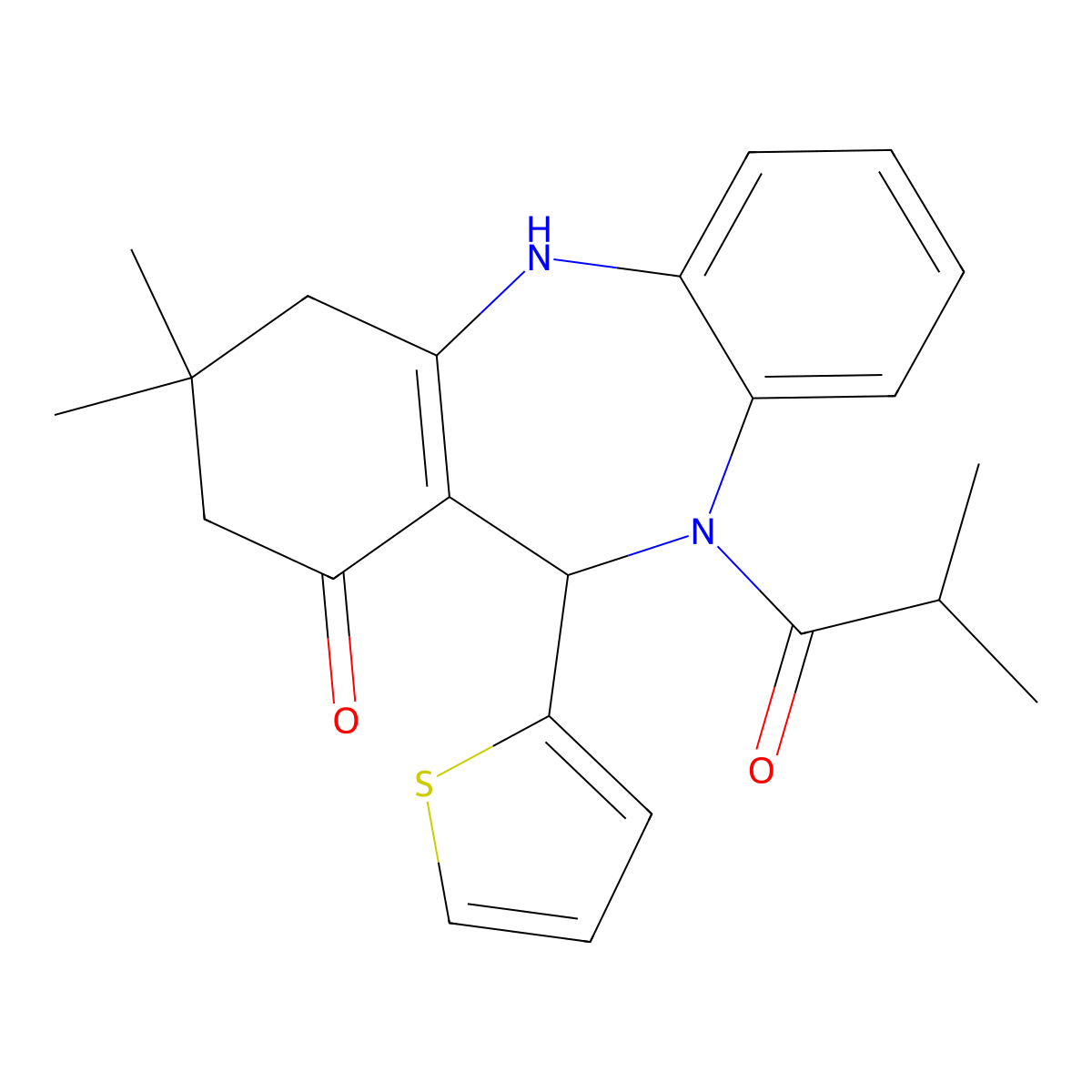 9,9-Dimethyl-5-(2-methylpropanoyl)-6-thiophen-2-yl-6,8,10,11-tetrahydrobenzo[b][1,4]benzodiazepin-7-one molecular structure, CAS 354542-87-3