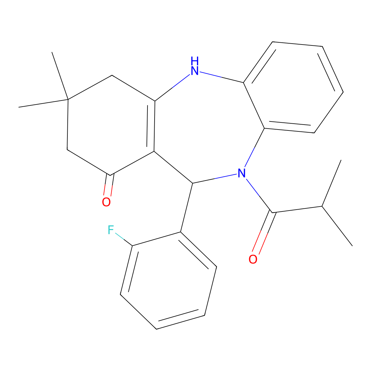 6-(2-Fluorophenyl)-9,9-dimethyl-5-(2-methylpropanoyl)-6,8,10,11-tetrahydrobenzo[b][1,4]benzodiazepin-7-one molecular structure, CAS 354542-90-8
