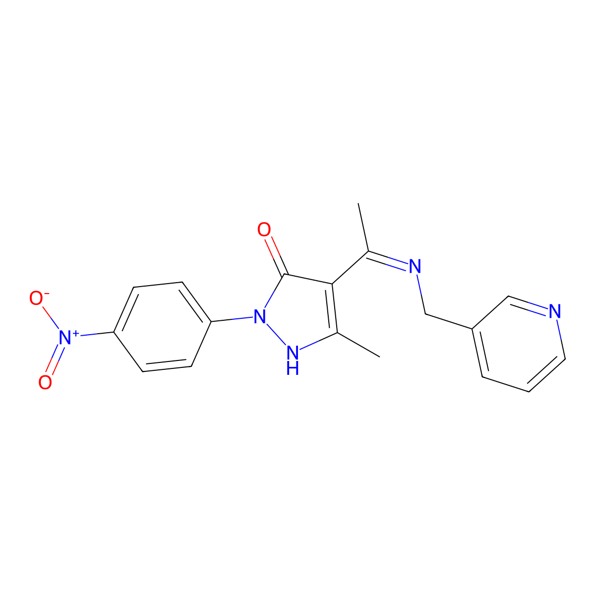 2-{4-nitrophenyl}-5-methyl-4-[N-(3-pyridinylmethyl)ethanimidoyl]-1,2-dihydro-3H-pyrazol-3-one molecular structure, CAS 354543-05-8