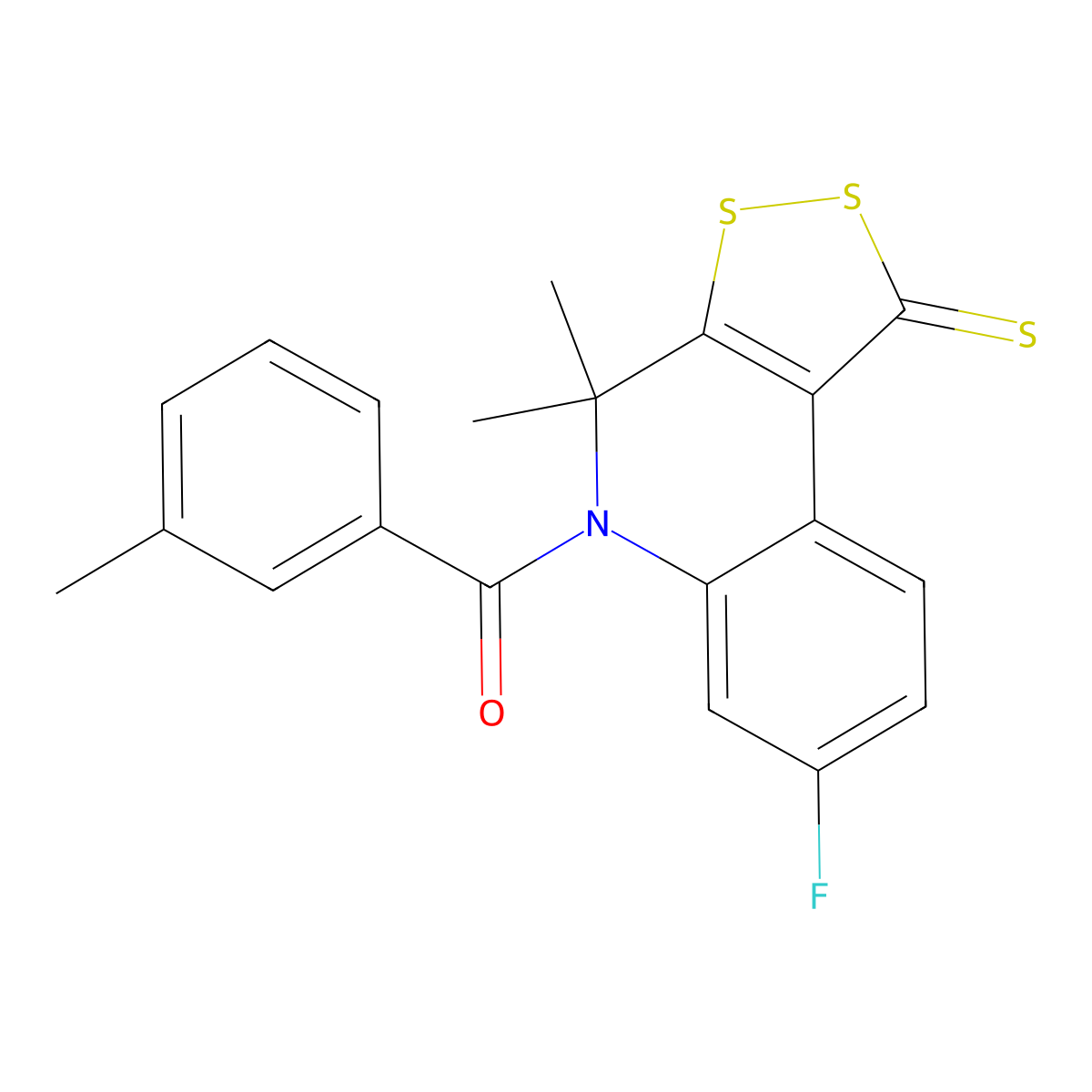 (7-Fluoro-4,4-dimethyl-1-sulfanylidenedithiolo[3,4-c]quinolin-5-yl)-(3-methylphenyl)methanone molecular structure, CAS 354543-06-9