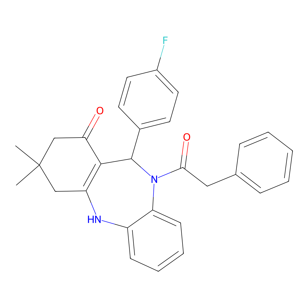 6-(4-Fluorophenyl)-9,9-dimethyl-5-(2-phenylacetyl)-6,8,10,11-tetrahydrobenzo[b][1,4]benzodiazepin-7-one molecular structure, CAS 354543-45-6