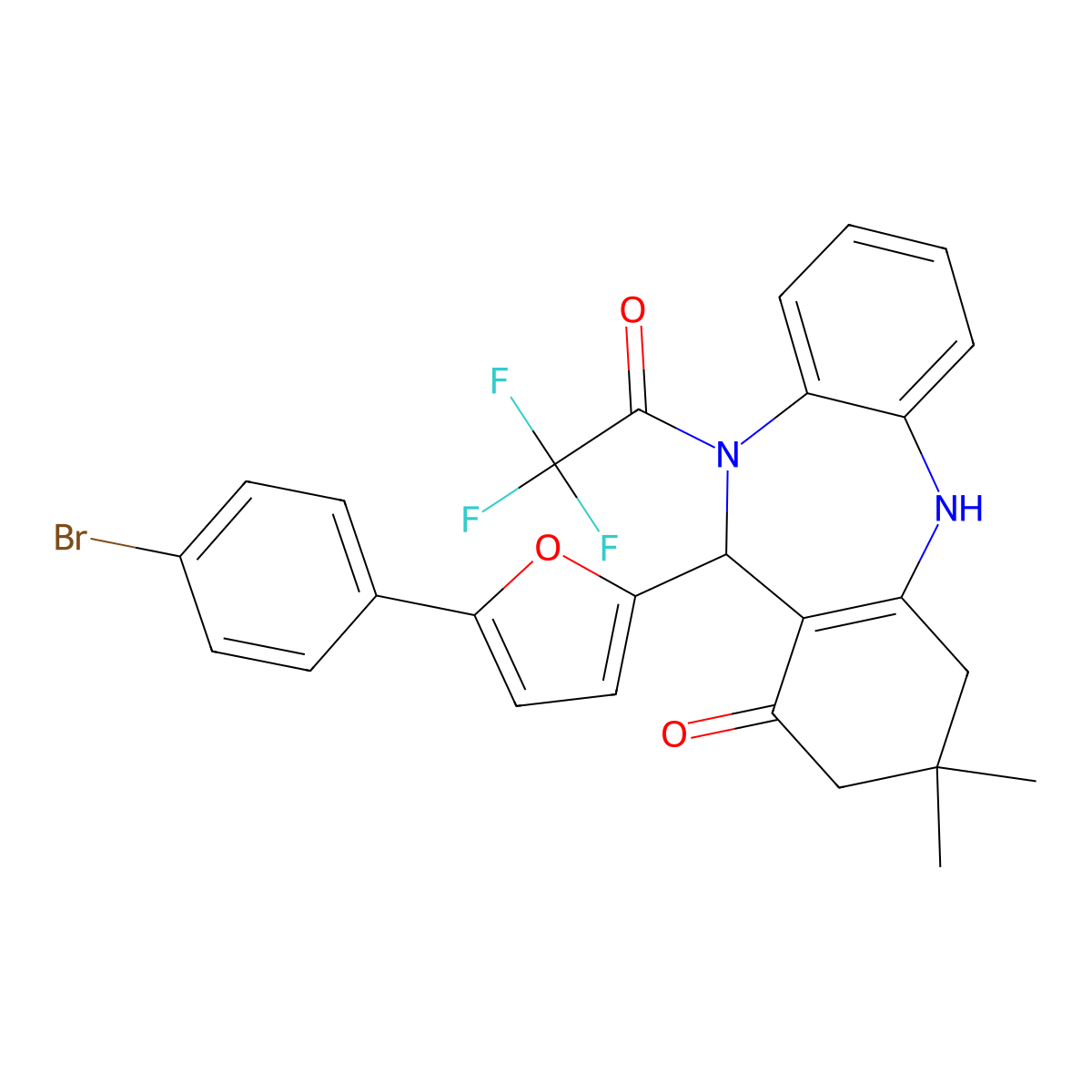 6-[5-(4-Bromophenyl)furan-2-yl]-9,9-dimethyl-5-(2,2,2-trifluoroacetyl)-6,8,10,11-tetrahydrobenzo[b][1,4]benzodiazepin-7-one molecular structure, CAS 354543-69-4
