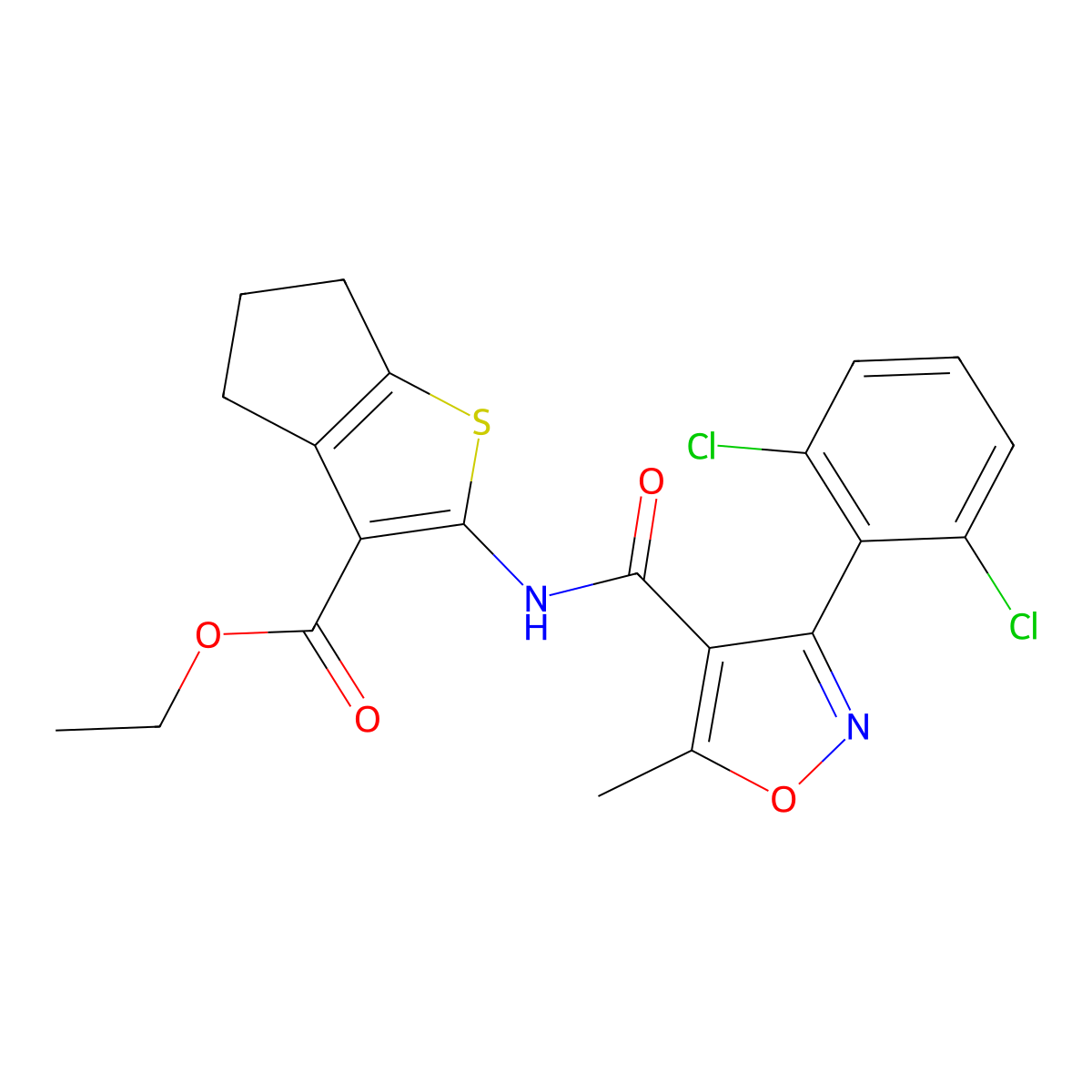 ethyl 2-({[3-(2,6-dichlorophenyl)-5-methyl-4-isoxazolyl]carbonyl}amino)-5,6-dihydro-4H-cyclopenta[b]thiophene-3-carboxylate molecular structure, CAS 354543-88-7