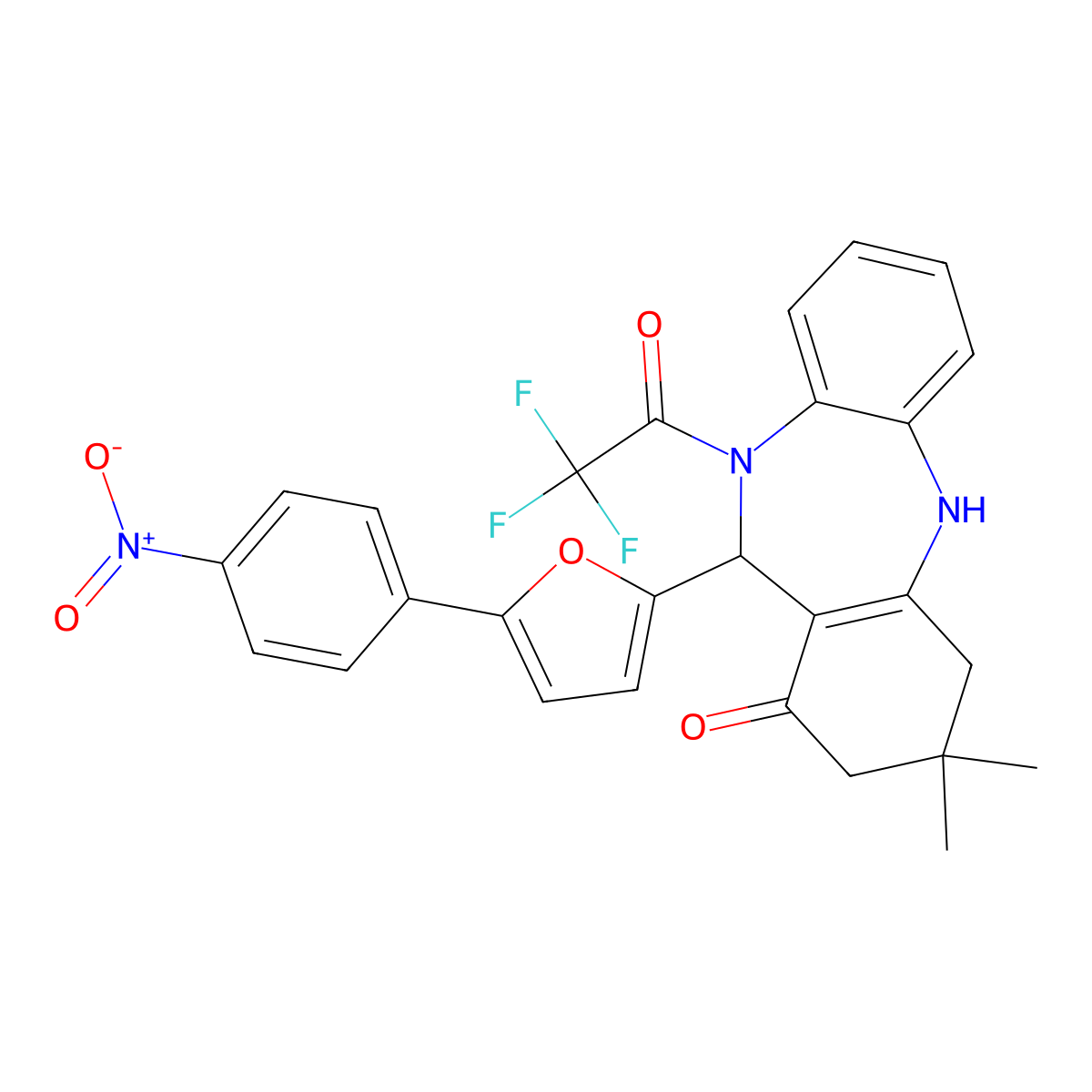 9,9-Dimethyl-6-[5-(4-nitrophenyl)furan-2-yl]-5-(2,2,2-trifluoroacetyl)-6,8,10,11-tetrahydrobenzo[b][1,4]benzodiazepin-7-one molecular structure, CAS 354543-97-8