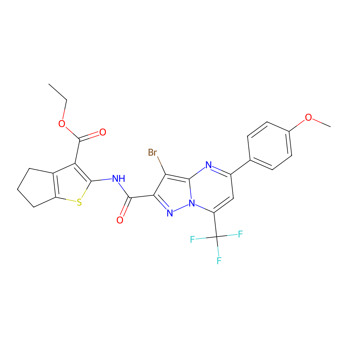 ethyl 2-({[3-bromo-5-(4-methoxyphenyl)-7-(trifluoromethyl)pyrazolo[1,5-a]pyrimidin-2-yl]carbonyl}amino)-5,6-dihydro-4H-cyclopenta[b]thiophene-3-carboxylate molecular structure, CAS 354544-78-8