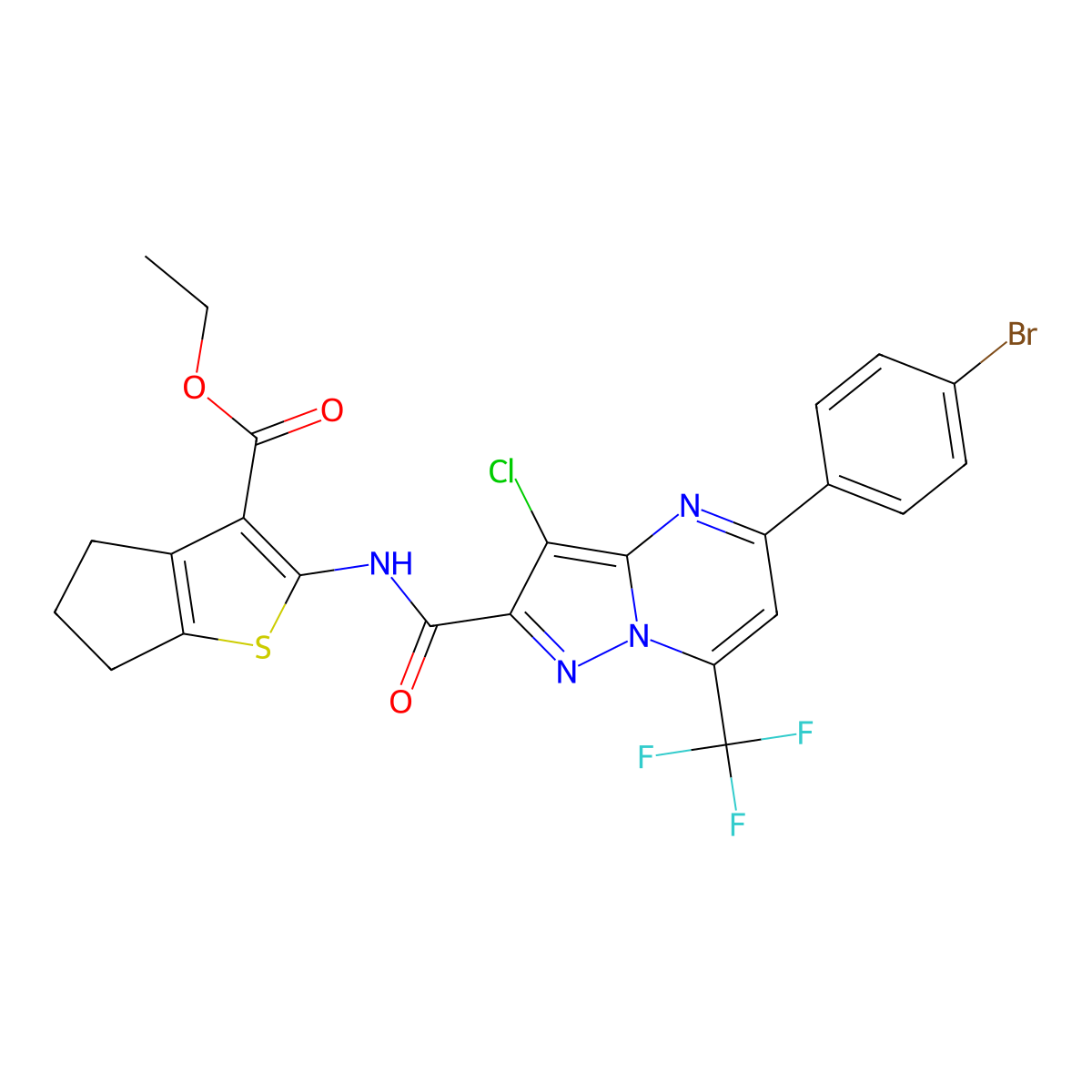 ethyl 2-({[5-(4-bromophenyl)-3-chloro-7-(trifluoromethyl)pyrazolo[1,5-a]pyrimidin-2-yl]carbonyl}amino)-5,6-dihydro-4H-cyclopenta[b]thiophene-3-carboxylate molecular structure, CAS 354544-83-5