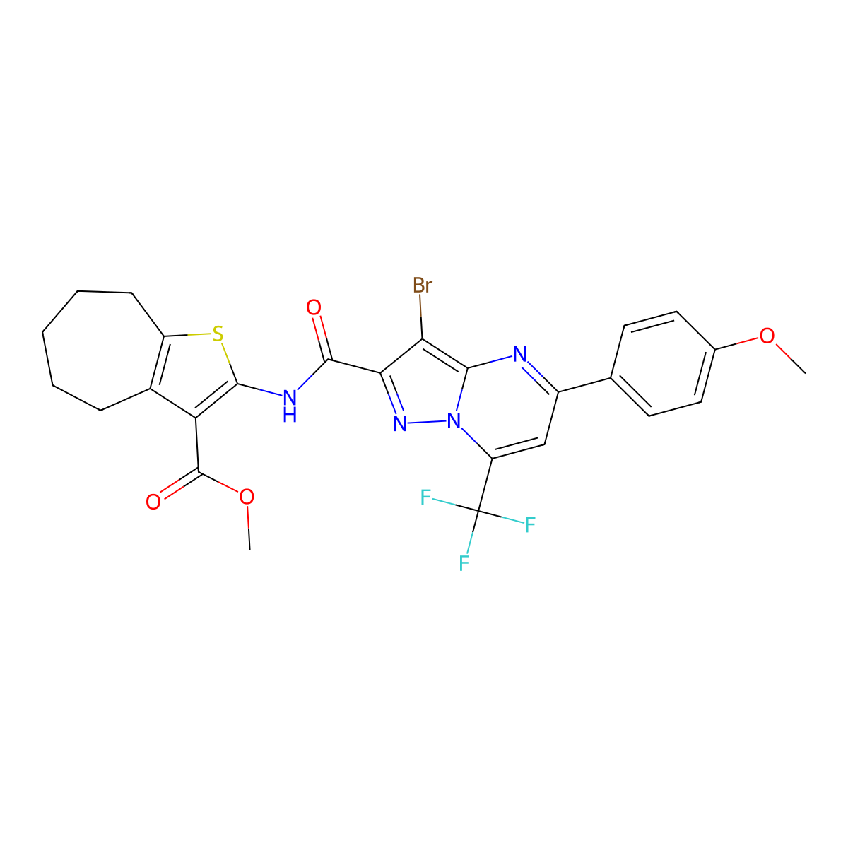 methyl 2-({[3-bromo-5-(4-methoxyphenyl)-7-(trifluoromethyl)pyrazolo[1,5-a]pyrimidin-2-yl]carbonyl}amino)-5,6,7,8-tetrahydro-4H-cyclohepta[b]thiophene-3-carboxylate molecular structure, CAS 354545-11-2