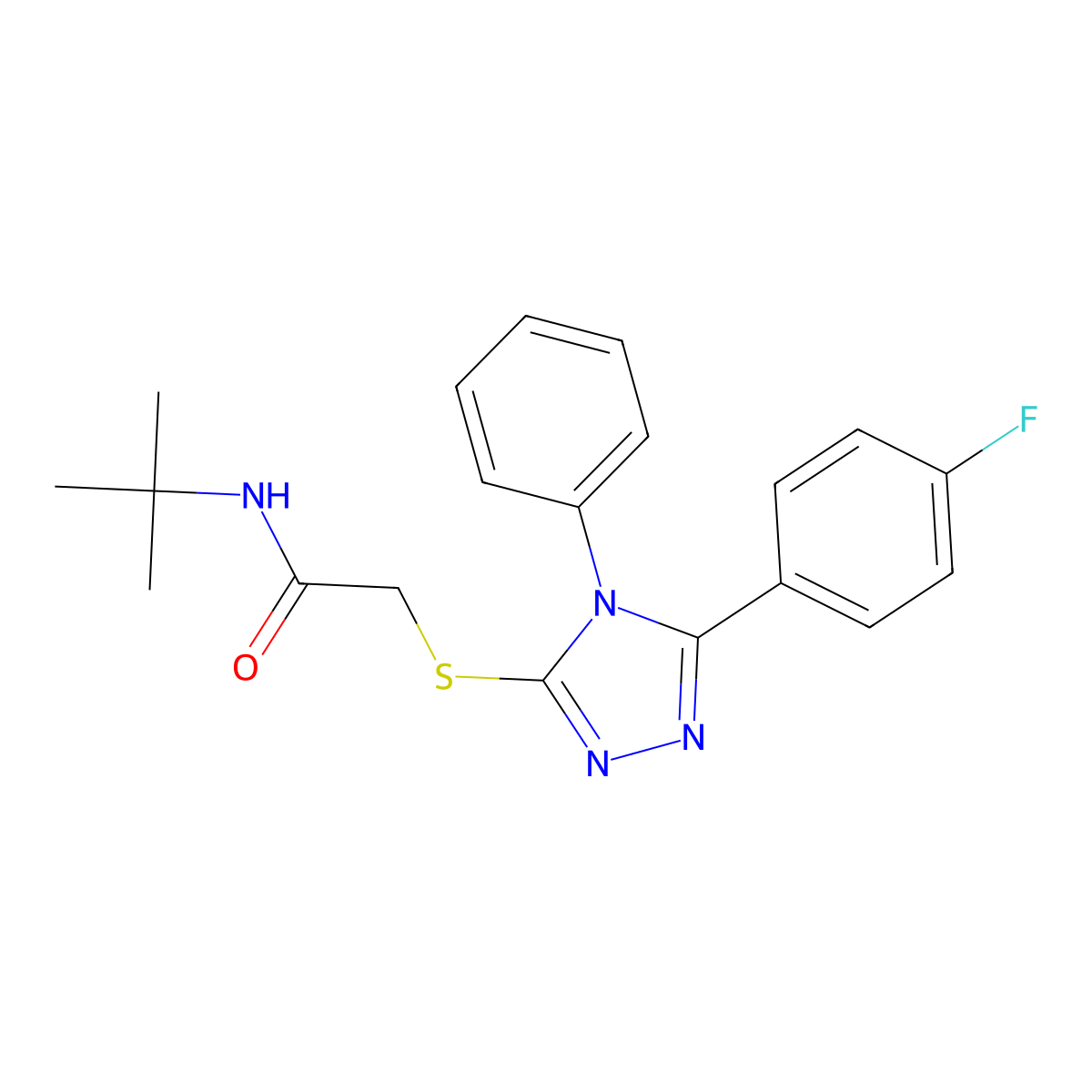 N-tert-butyl-2-[[5-(4-fluorophenyl)-4-phenyl-1,2,4-triazol-3-yl]sulfanyl]acetamide molecular structure, CAS 354545-39-4