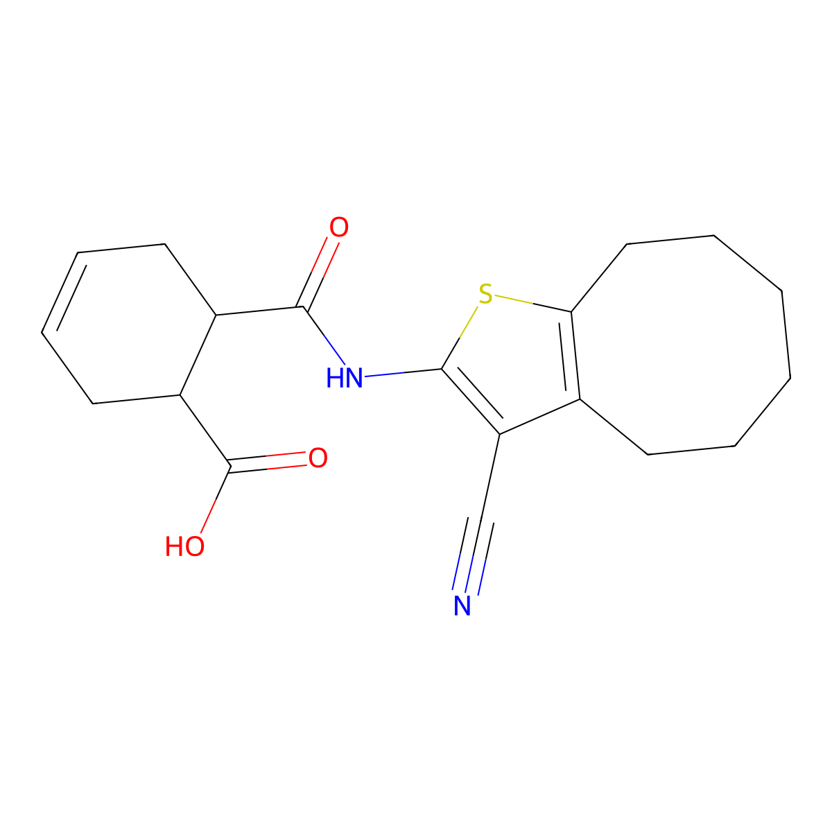 6-[(3-Cyano-4,5,6,7,8,9-hexahydrocycloocta[b]thiophen-2-yl)carbamoyl]cyclohex-3-ene-1-carboxylic acid molecular structure, CAS 354545-46-3