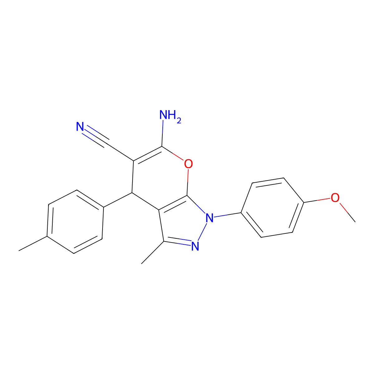 6-Amino-1-(4-methoxyphenyl)-3-methyl-4-(4-methylphenyl)-1,4-dihydropyrano[2,3-c]pyrazole-5-carbonitrile molecular structure, CAS 354545-76-9