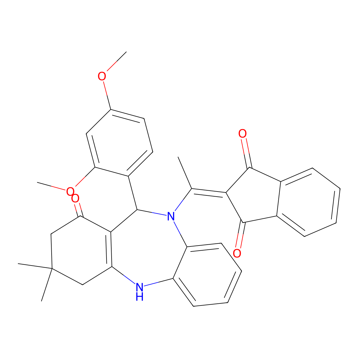 2-{1-[11-(2,4-dimethoxyphenyl)-3,3-dimethyl-1-oxo-1,2,3,4,5,11-hexahydro-10H-dibenzo[b,e][1,4]diazepin-10-yl]ethylidene}-1H-indene-1,3(2H)-dione molecular structure, CAS 354545-88-3