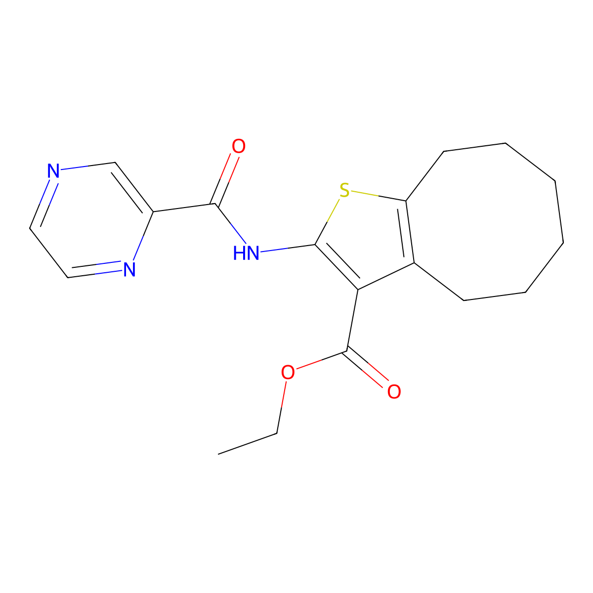 Ethyl 2-(pyrazine-2-carbonylamino)-4,5,6,7,8,9-hexahydrocycloocta[b]thiophene-3-carboxylate molecular structure, CAS 354546-19-3