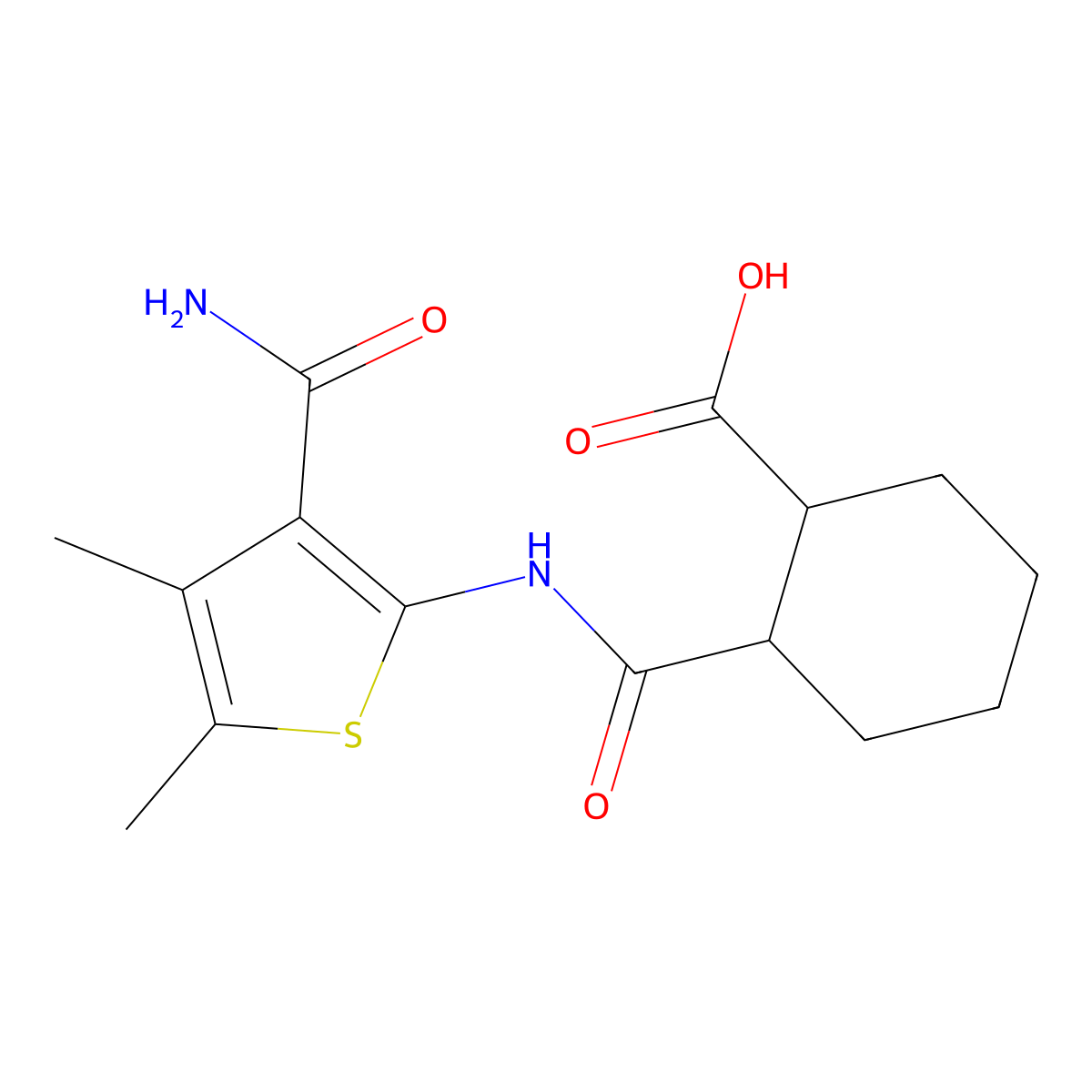2-({[3-(Aminocarbonyl)-4,5-dimethyl-2-thienyl]amino}carbonyl)cyclohexanecarboxylic acid molecular structure, CAS 354546-35-3