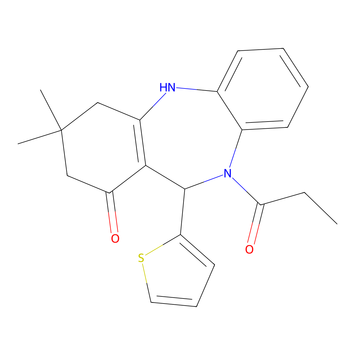 9,9-Dimethyl-5-propanoyl-6-thiophen-2-yl-6,8,10,11-tetrahydrobenzo[b][1,4]benzodiazepin-7-one molecular structure, CAS 354546-36-4
