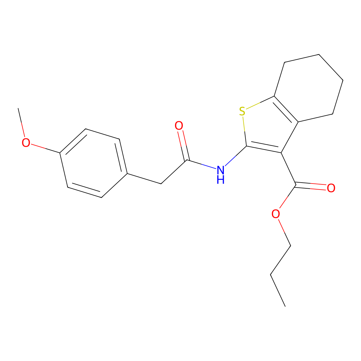 Propyl 2-{[(4-methoxyphenyl)acetyl]amino}-4,5,6,7-tetrahydro-1-benzothiophene-3-carboxylate molecular structure, CAS 354546-79-5