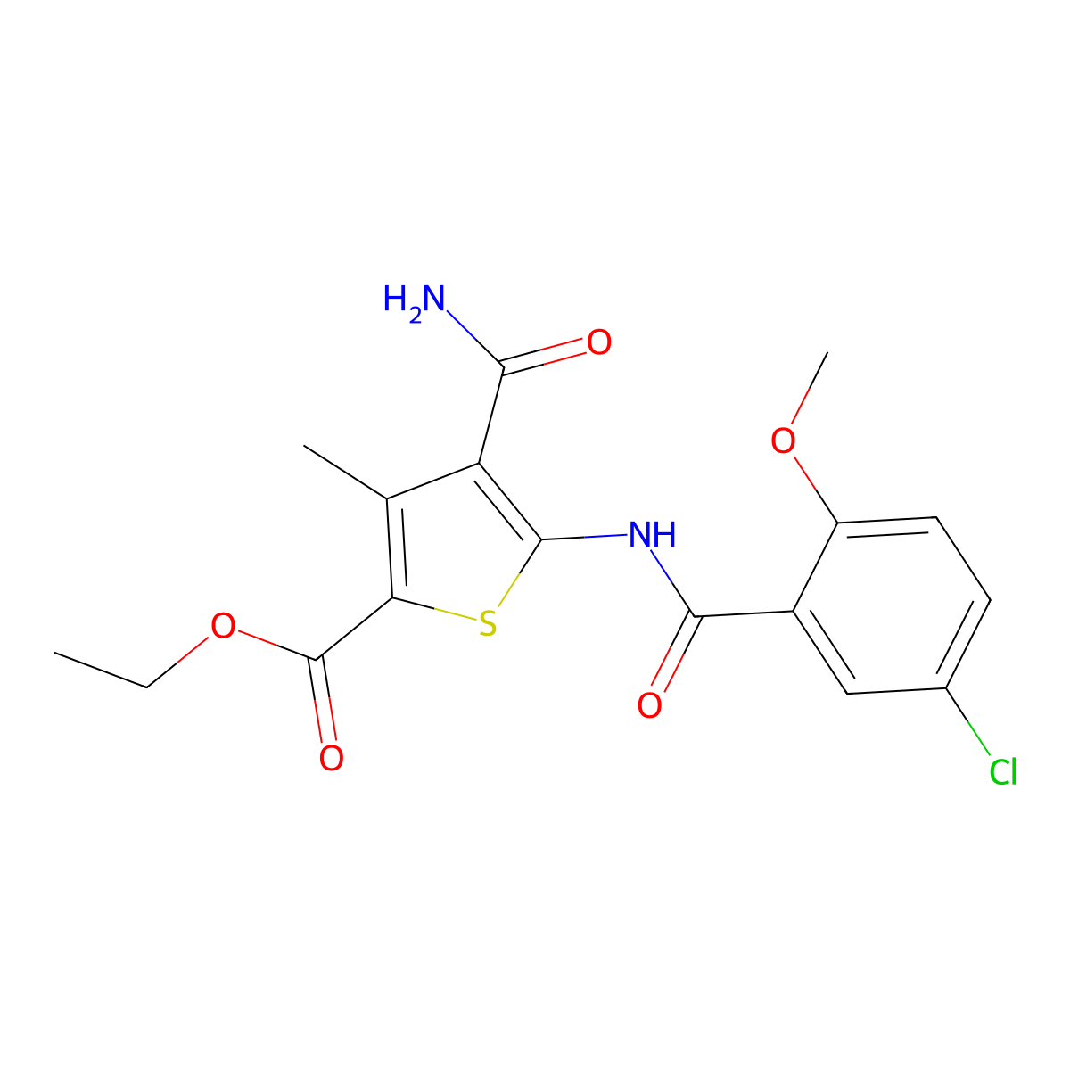 Ethyl 4-carbamoyl-5-[(5-chloro-2-methoxybenzoyl)amino]-3-methylthiophene-2-carboxylate molecular structure, CAS 354546-90-0