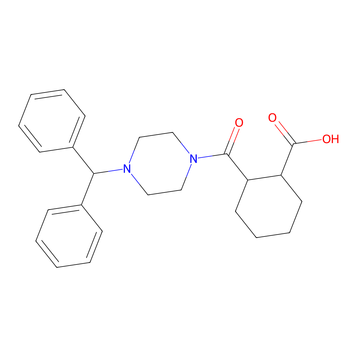 Cyclohexanecarboxylic acid, 2-[[4-(diphenylmethyl)-1-piperazinyl]carbonyl]- molecular structure, CAS 354547-23-2