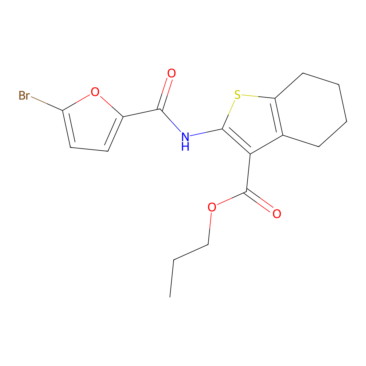 Propyl 2-[(5-bromofuran-2-carbonyl)amino]-4,5,6,7-tetrahydro-1-benzothiophene-3-carboxylate molecular structure, CAS 354547-99-2