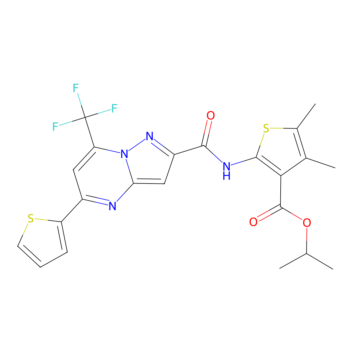 Isopropyl 4,5-dimethyl-2-({[5-(2-thienyl)-7-(trifluoromethyl)pyrazolo[1,5-a]pyrimidin-2-yl]carbonyl}amino)-3-thiophenecarboxylate molecular structure, CAS 354548-19-9