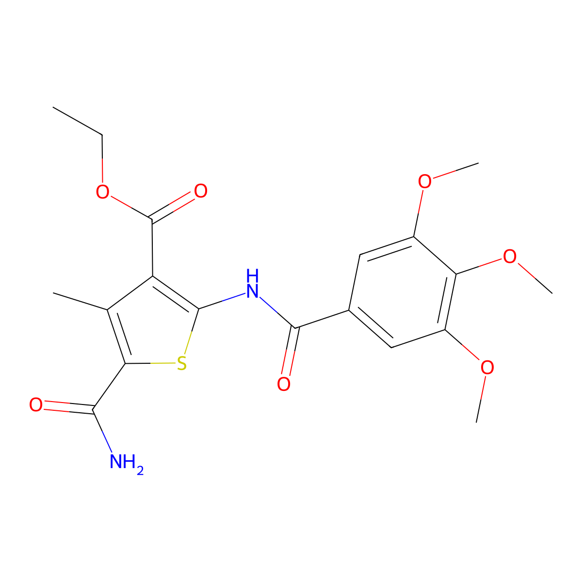 Ethyl 5-carbamoyl-4-methyl-2-[(3,4,5-trimethoxybenzoyl)amino]thiophene-3-carboxylate molecular structure, CAS 354548-99-5